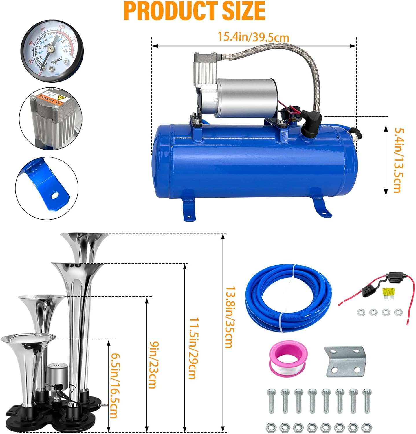 Train Horns Kit,4 Trumpet Air Horn Kit,150dB Train Horns for Pickup Trucks,12V Air Compressor 1.6 Gal/6 L Tank with Gauge for Any 12V Vehicle Car Truck Train Van Boat