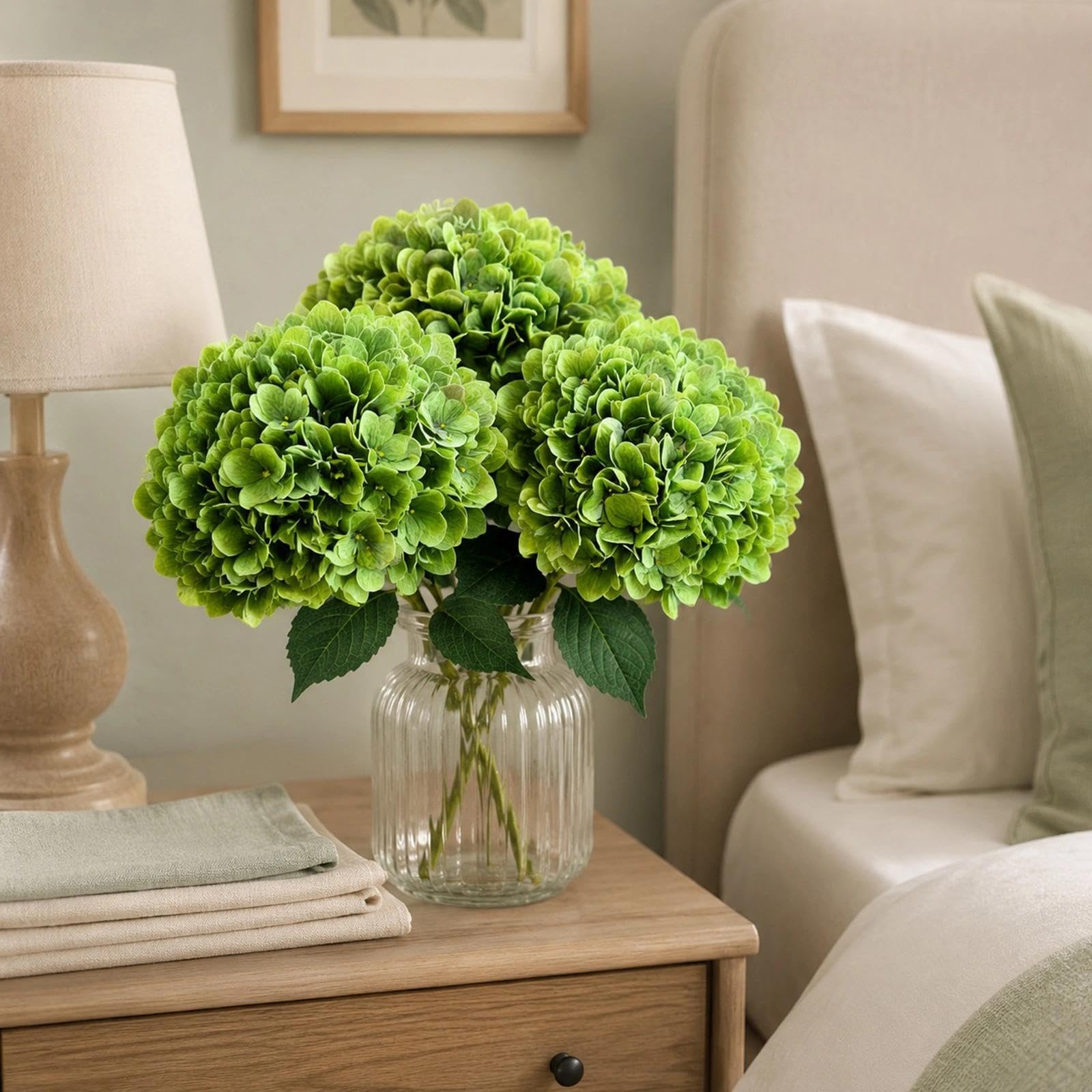 5er Set Hortensien Kunstblumen 68cm Seidenblumen(Grün) | Ø 16cm Blüten, Real-Touch, mit Blättern. Perfekt für Vase, Tischdeko, Hochzeit, Brautstrauß, Büro, Hotel, DIY