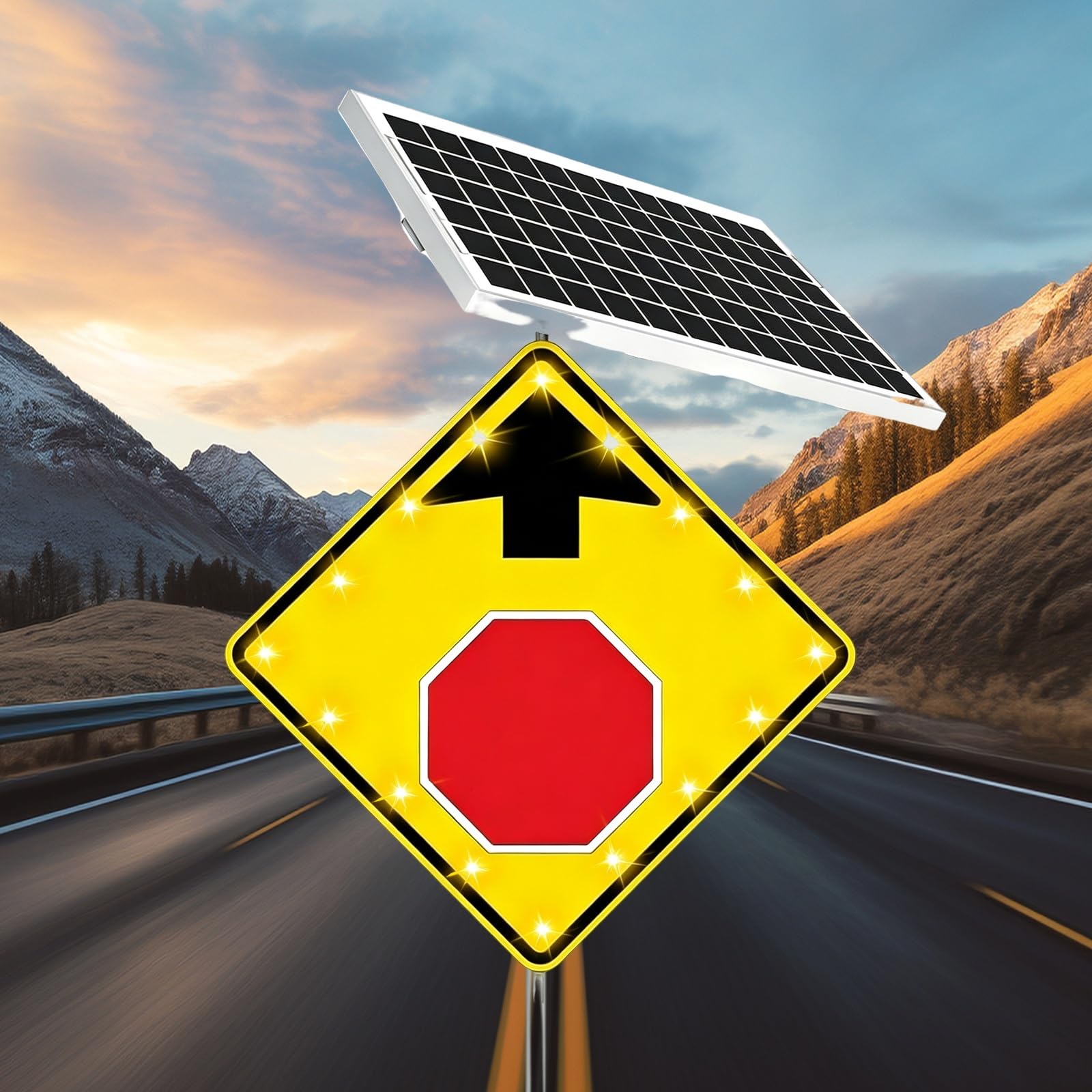 Señal iluminada solar "Pare más adelante" de 24x30 pulgadas; aluminio reflectante de grado diamante; flecha LED intermitente; señal de advertencia vial para carreteras y exteriores.(24in)