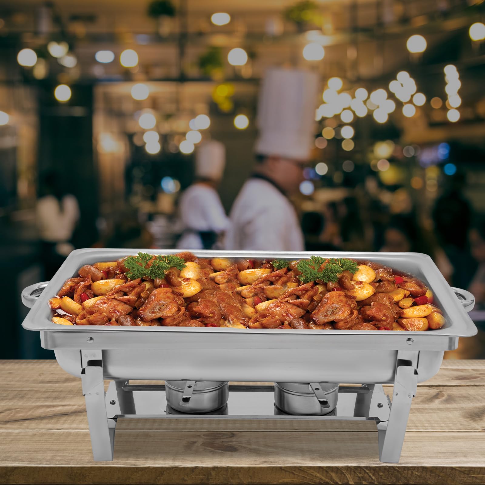 Scaldalibi da 9 l, contenitore termico in acciaio inox, telaio pieghevole in acciaio inox, set da buffet argentato, rettangolare, per catering buffet e feste (1 vassoio)