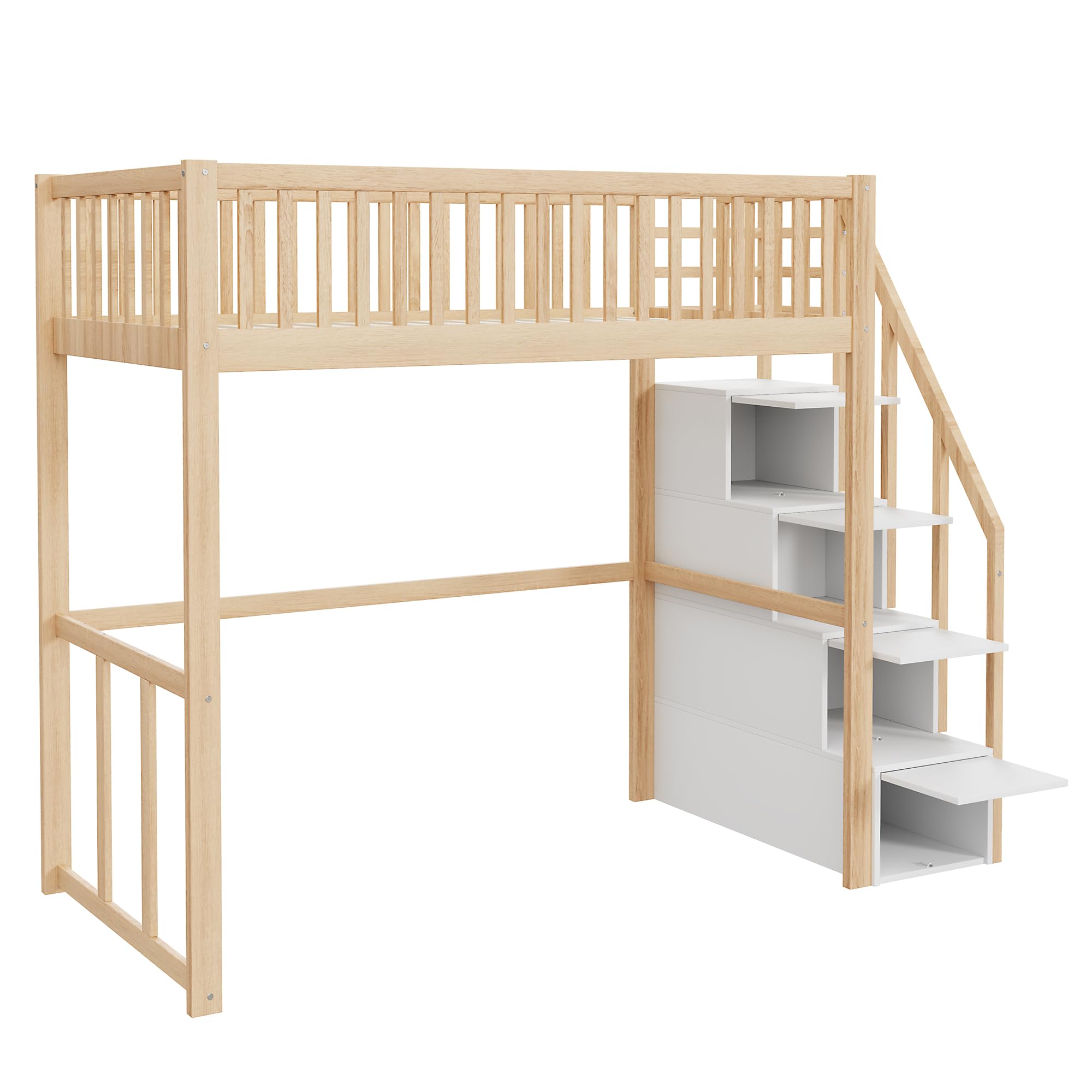Moimhear Letto a soppalco 90x200cm con scala di sicurezza e contenitore, struttura del letto in legno di pino massiccio per bambini e ragazzi (colore legno + bianco)