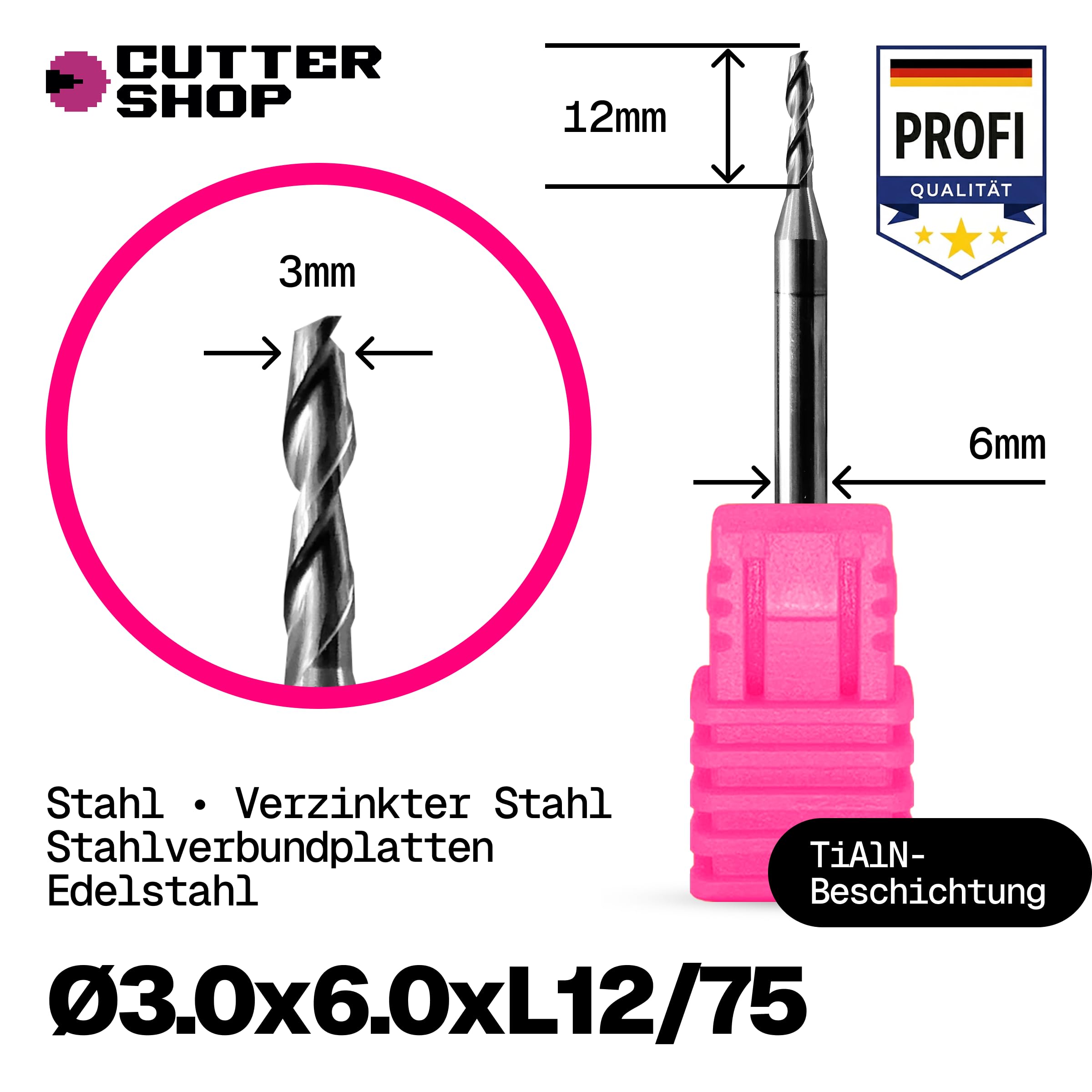 Frez CNC do stali i stali nierdzewnej – Up-Cut, dwuostrzowy, powłoka TiAlN, HRC65 | Seria SU – D3.0x6.0xL12/75
