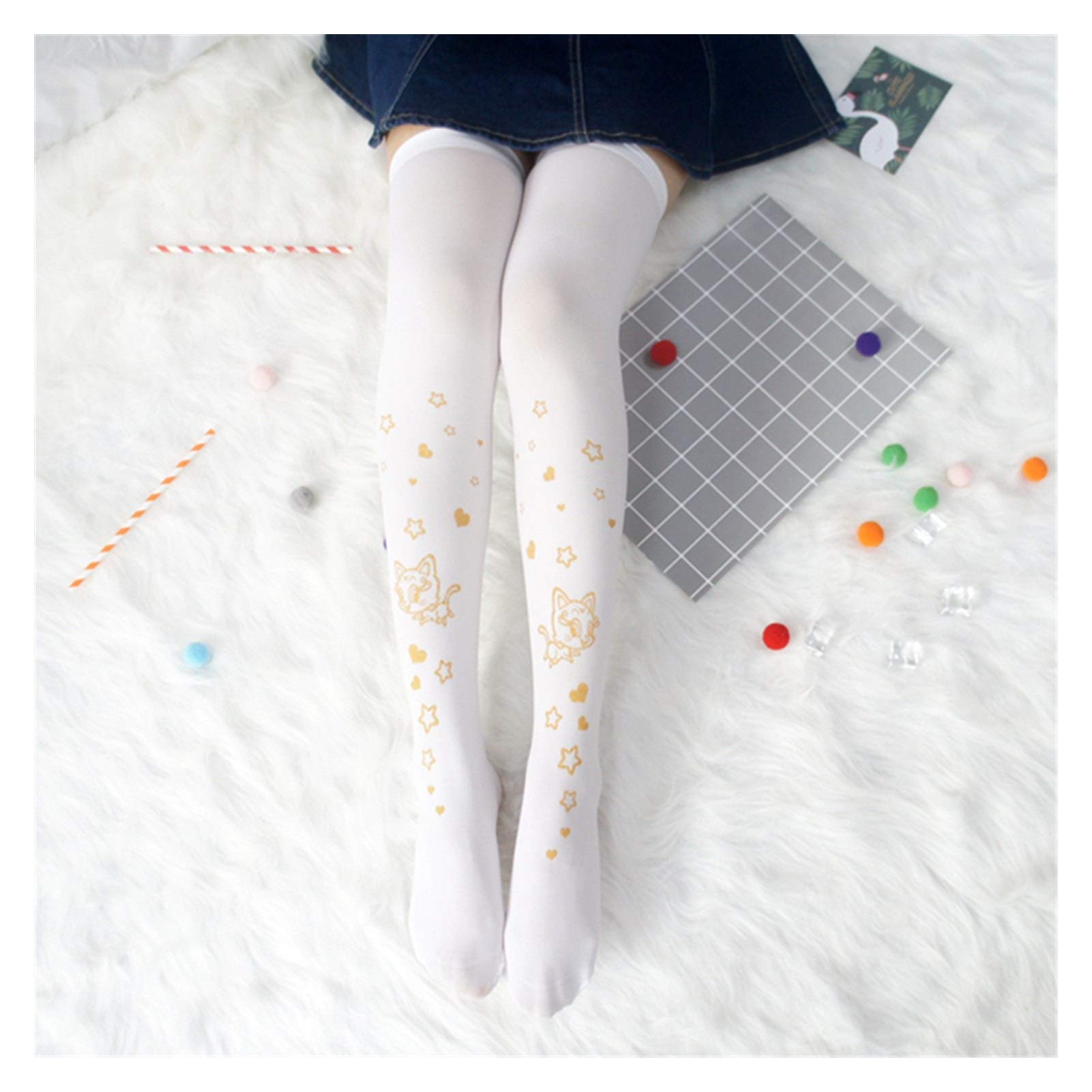 Japanisches Mädchen Schöne Meow Star und Heißprägedruck Kniestrümpfe Lolita Oberschenkel Strümpfe Warm (Color : Meow Star and Silver, Size : One Size)
