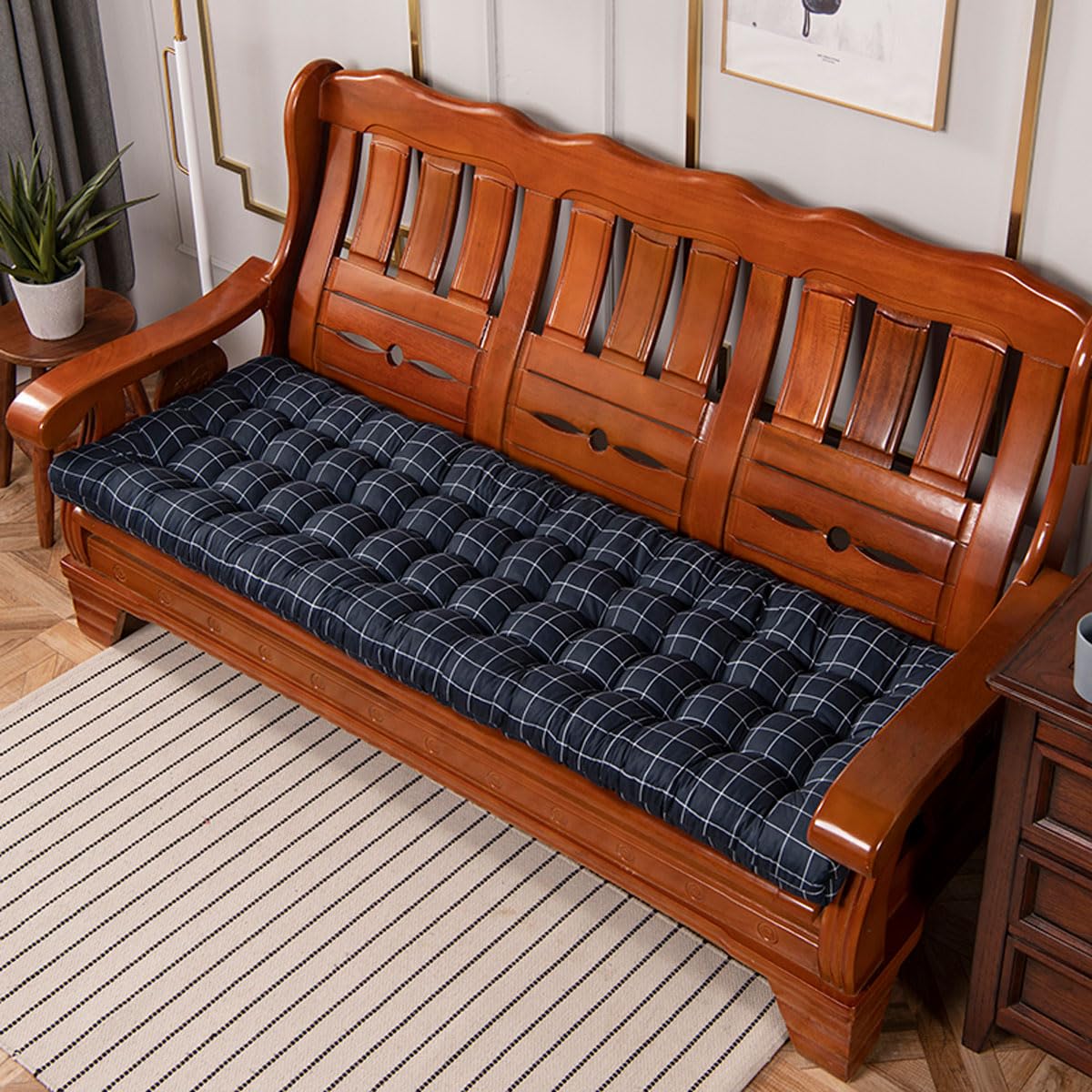 Coussin de banc de terrasse noir et bleu 50x170 cm en coton doux