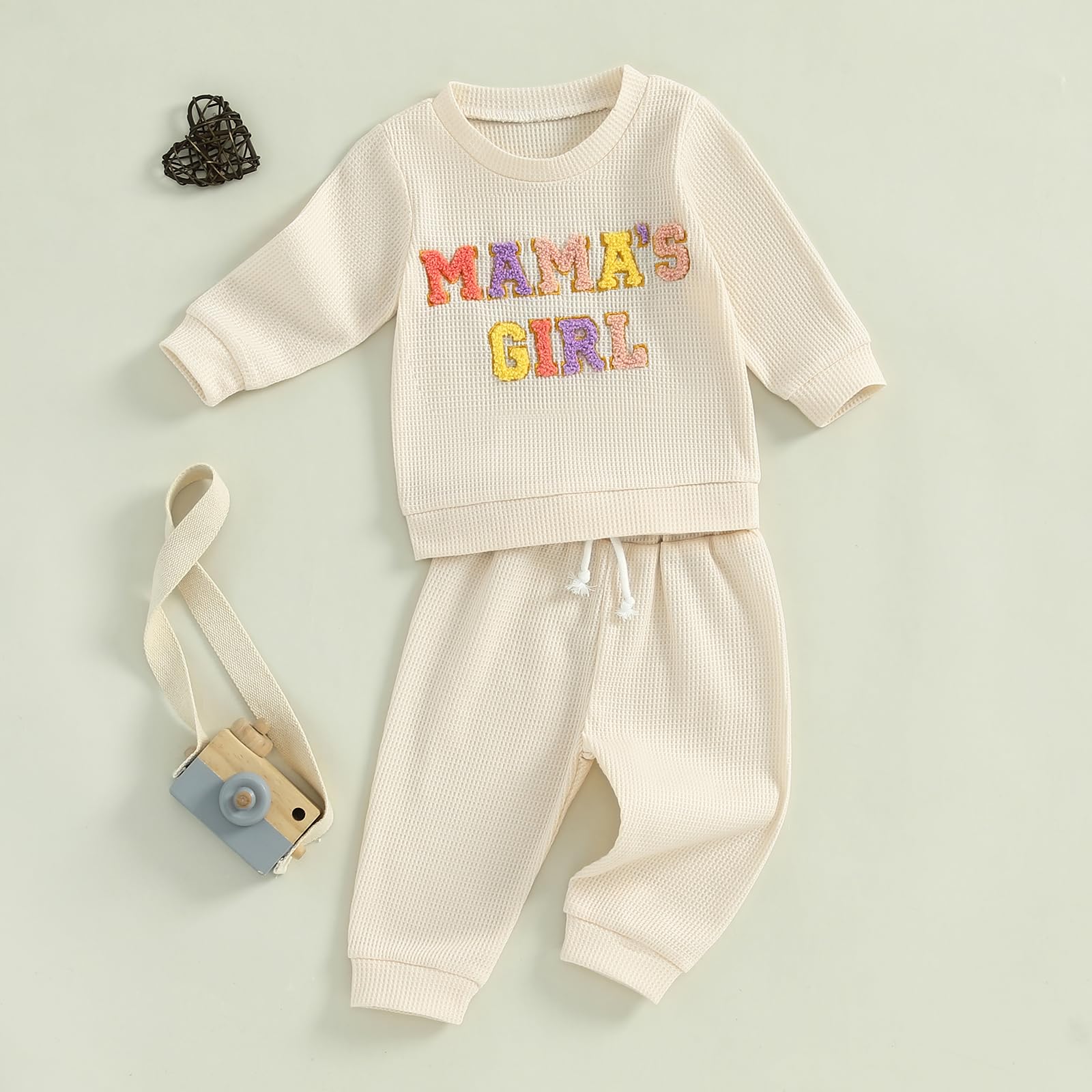 NZNDSHD Daddys Girls Baby Clothes Waffle Knit Mamas Girl Letter Embroidered Long Sleeve Sweatshirt Pants Set Fall Outfit (Beige Mamas Girl, 12-18 Months)