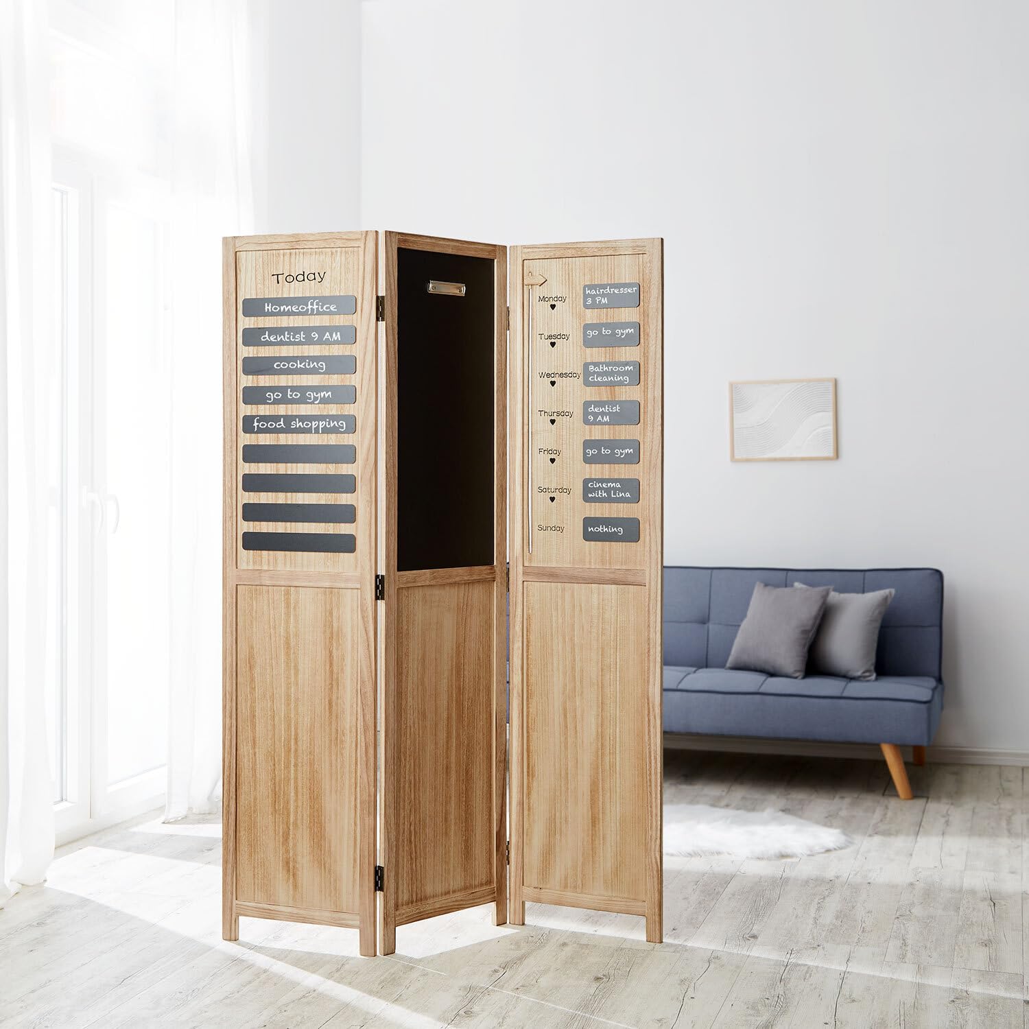 Homestyle4u 2417, Paravent Raumteiler innen 3 teilig Holz Braun Memoboard Organizer Trennwand Sichtschutz
