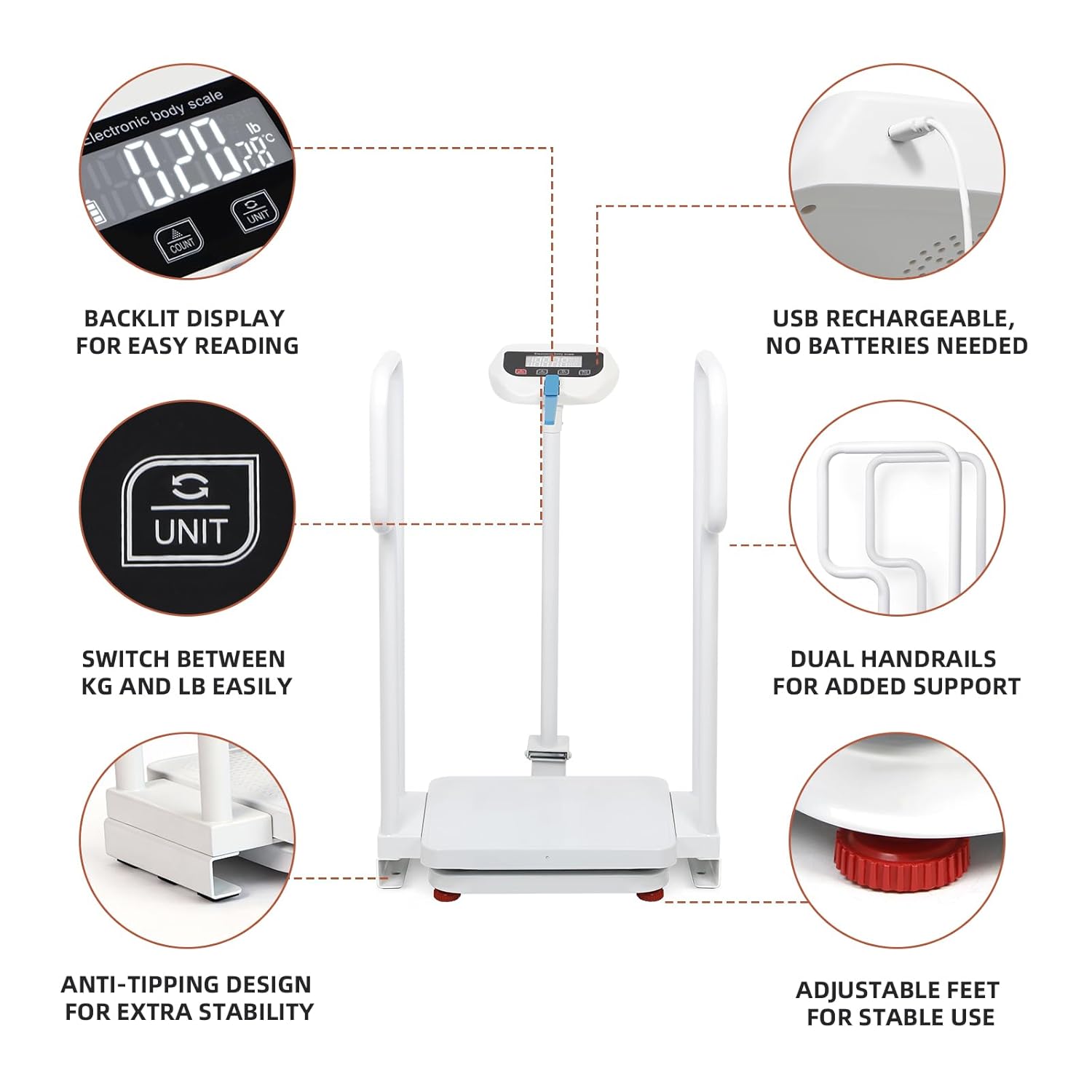 Medical Grade Digital Scale with Handles for Elderly, Height and Weight Scale for Doctor Office, Scale with Height Measurement, 485lbs Weight Capacity, HD LED Display, USB Rechargeable