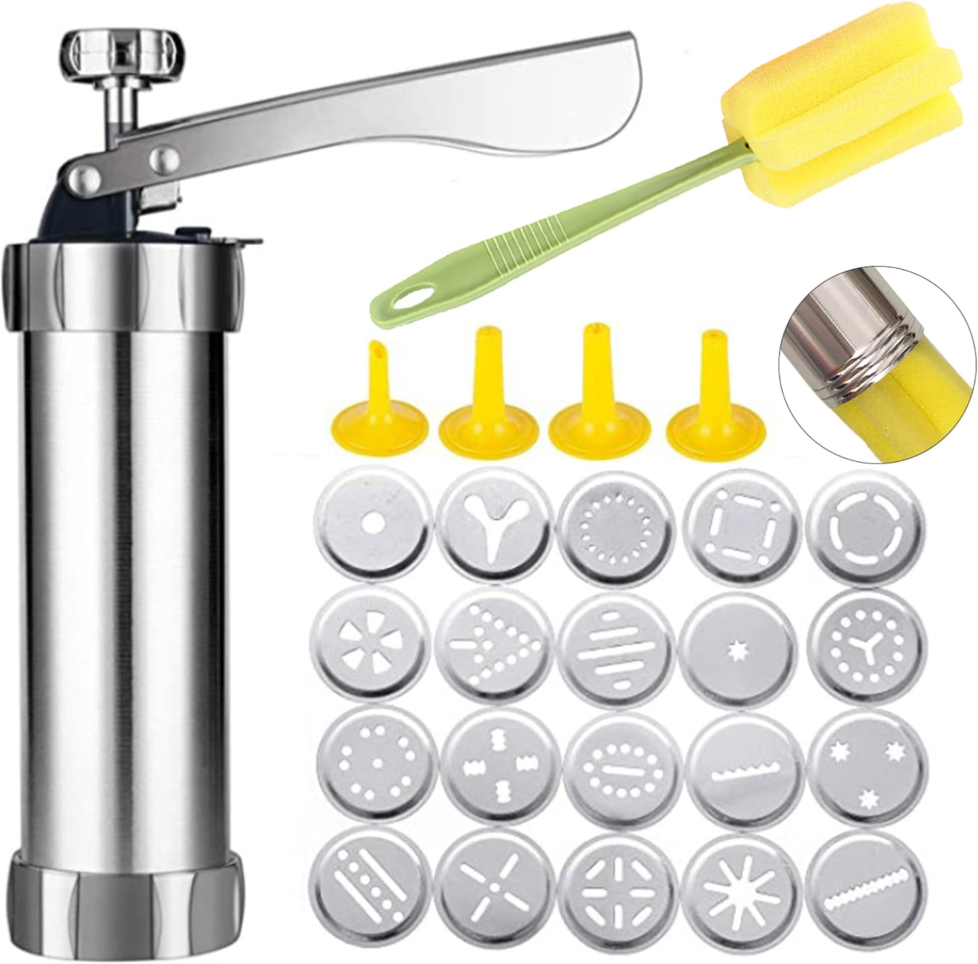 Good Helper Spritz Cookie Press Gun Kit, Stainless Steel Biscuit Press Cookie Gun Set with 20 Cookie discs and 4 nozzles for DIY Biscuit Maker and Churro Maker