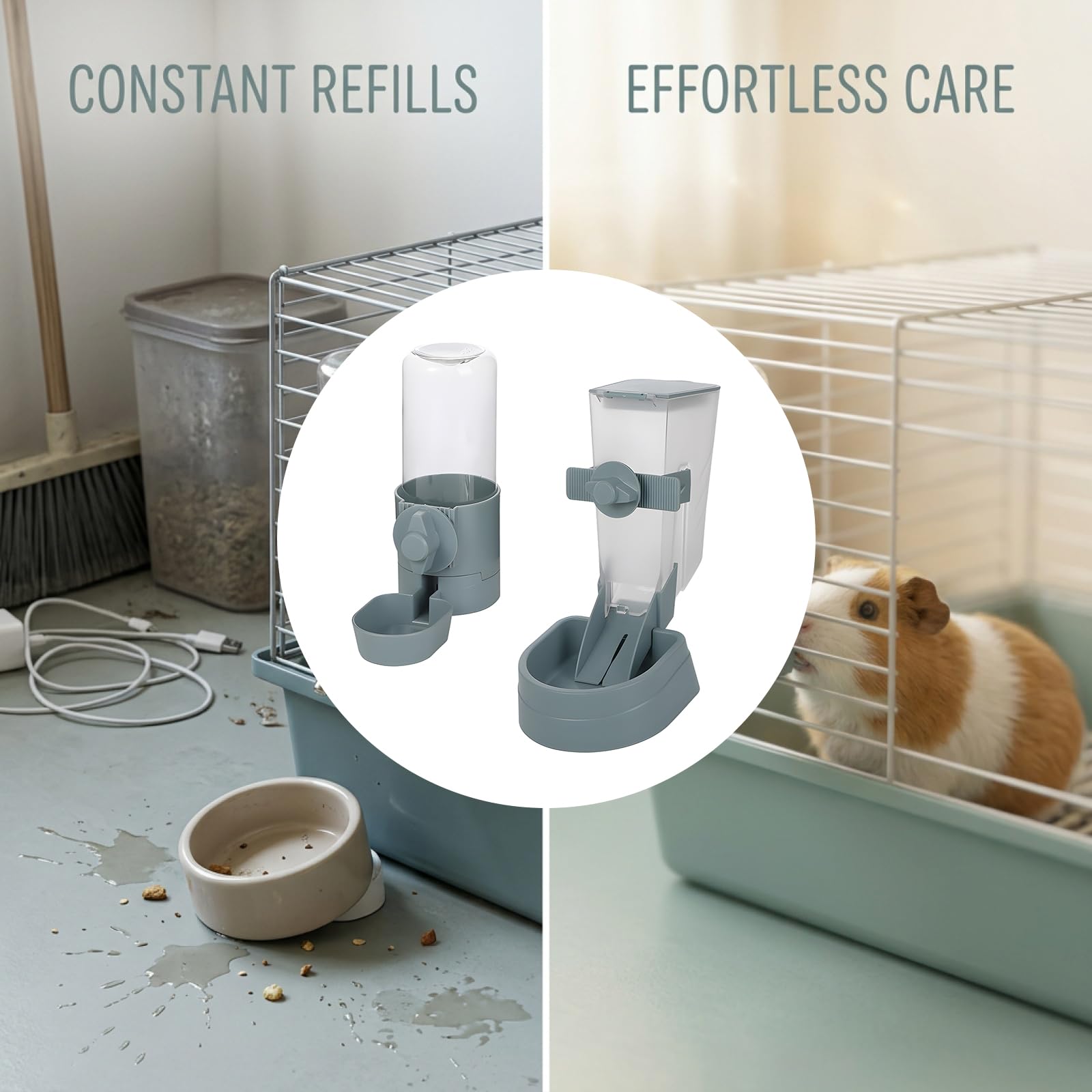 Hängender Futter- und Wasserspender für Haustierkäfig, 1 L Futterspender und 500 ml Wasserer, Hängeflaschen- und Napf-Set für Kaninchen, Katze, kleinen Hund, Frettchen, Welpen