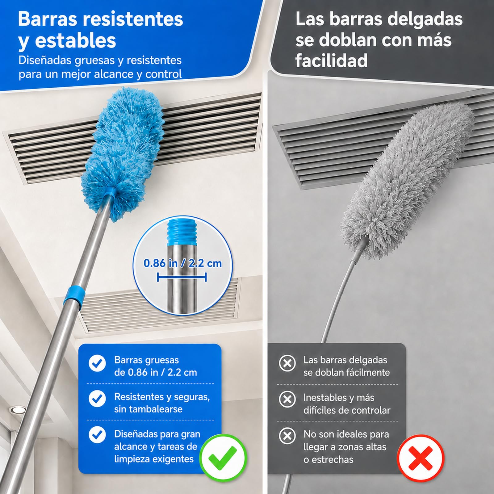 Terafeels Plumero telescópico largo de 310 cm, lavable, con 1 escoba de esquina flexible y 1 removedor de telarañas para limpieza debajo del sofá, muebles, ventilador de techo, telarañas (azul)