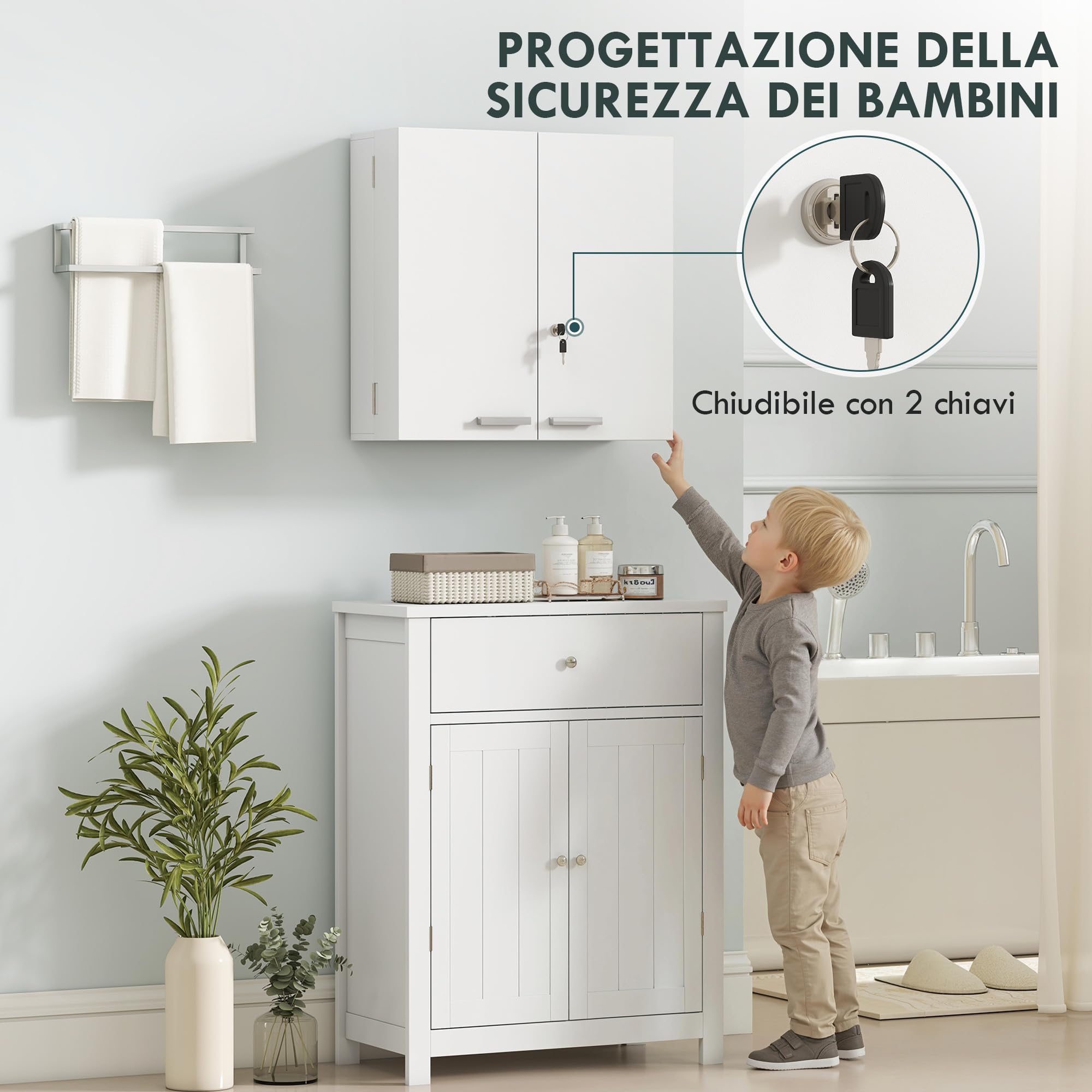 HOMCOM Armadietto Porta Medicinali da Parete con Chiavi 53x20x53cm Bianco