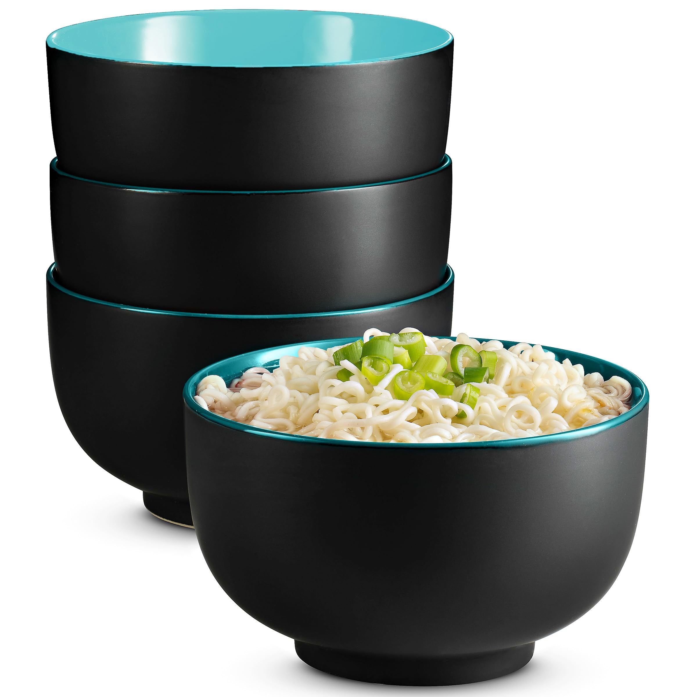 KooK Ramen Bowl, Japanese Bowls, Noodle Bowls, Large Soup Bowl, Ceramic, Large Capacity, for Ramen, Pho, Udon, Soba, Microwave and Dishwasher Safe, 34 oz, Set of 4 (Black/Teal)