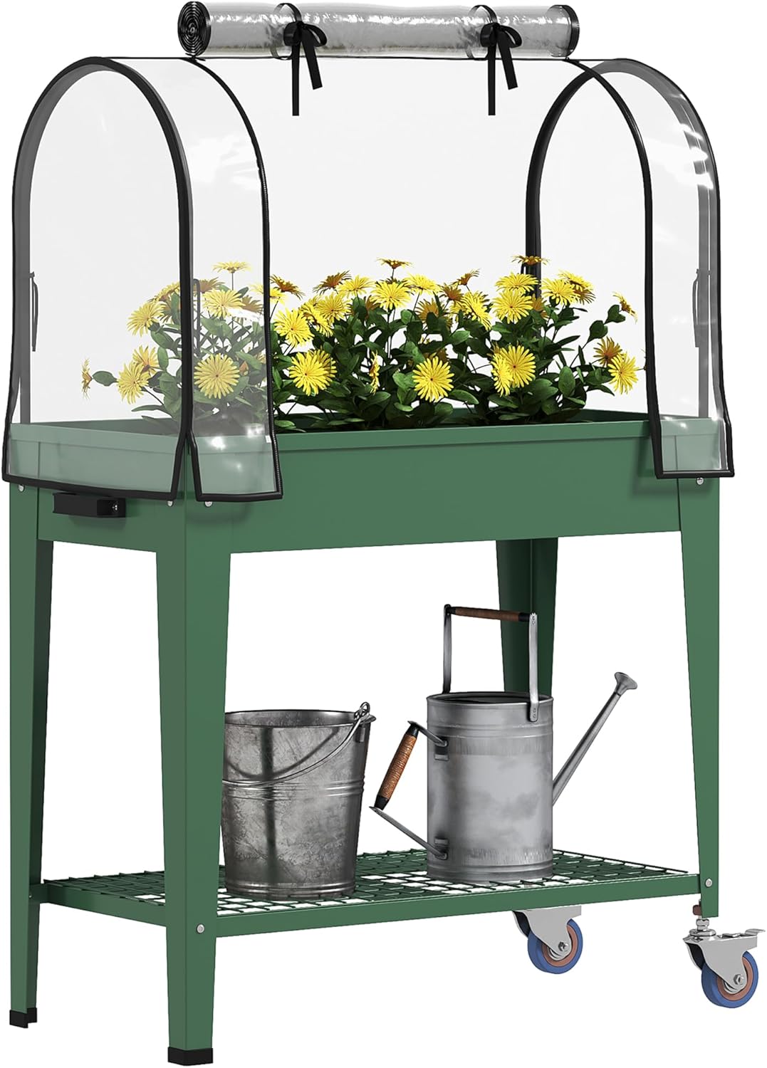 Outsunny Raised Garden Bed with Greenhouse Cover, Large Metal Outdoor Elevated Planter Box with Lockable Wheels, Storage Shelf and Drainage Hole for Vegetables, Flowers, Herbs, Green