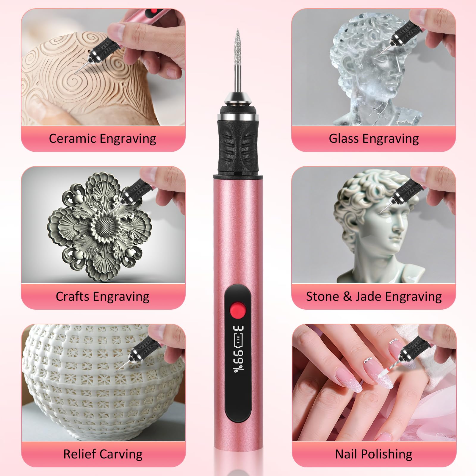 Customizer Kit de stylo de gravure sans fil rechargeable avec 3 vitesses, outil de gravure pour métal, bois, verre, cuir, stylo de gravure portable, rose
