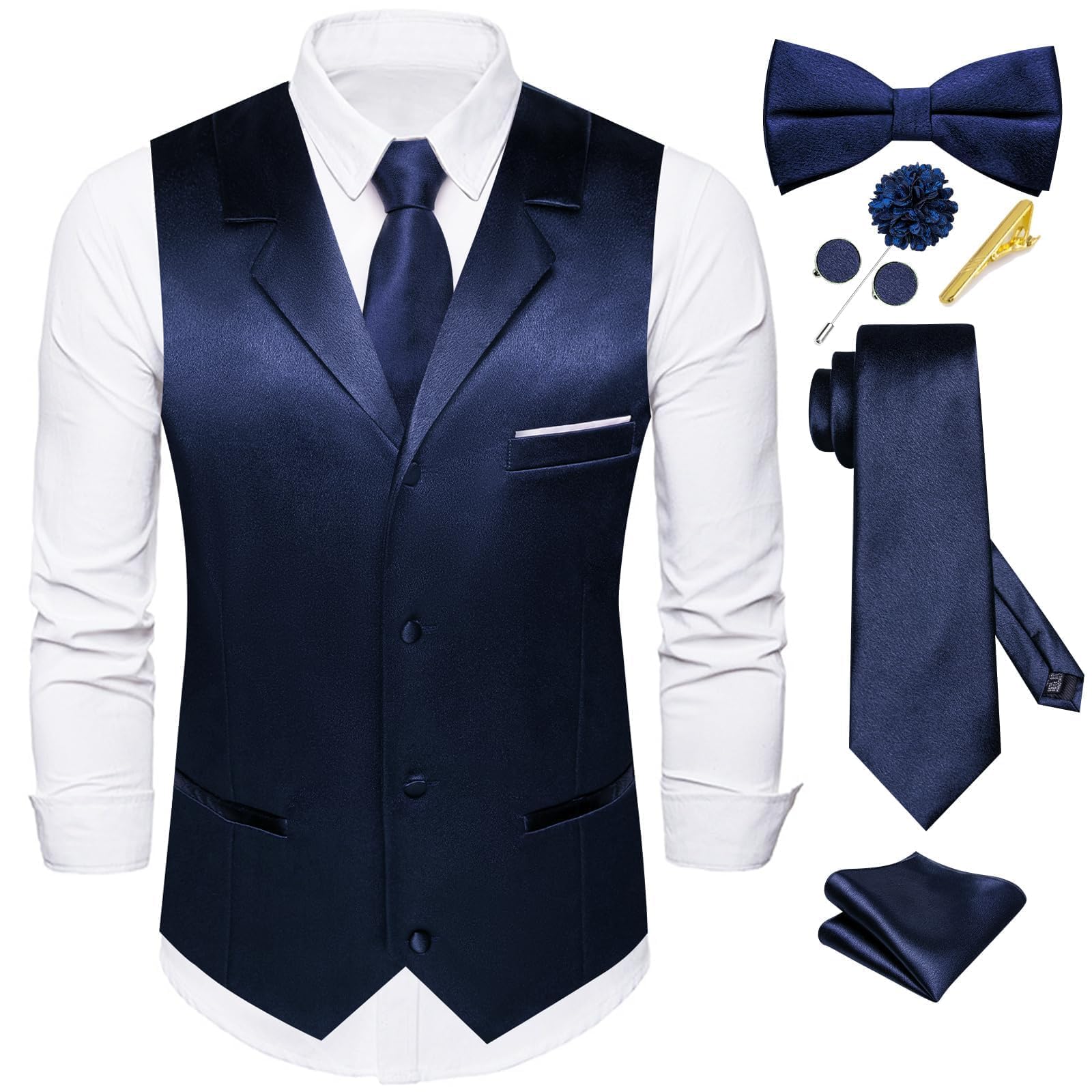 Dubulle Mens Satin Vest and Tie Solid Suit Waistcoat and Pre-tied Bowtie Set for Men Lapel Pin Wedding Party