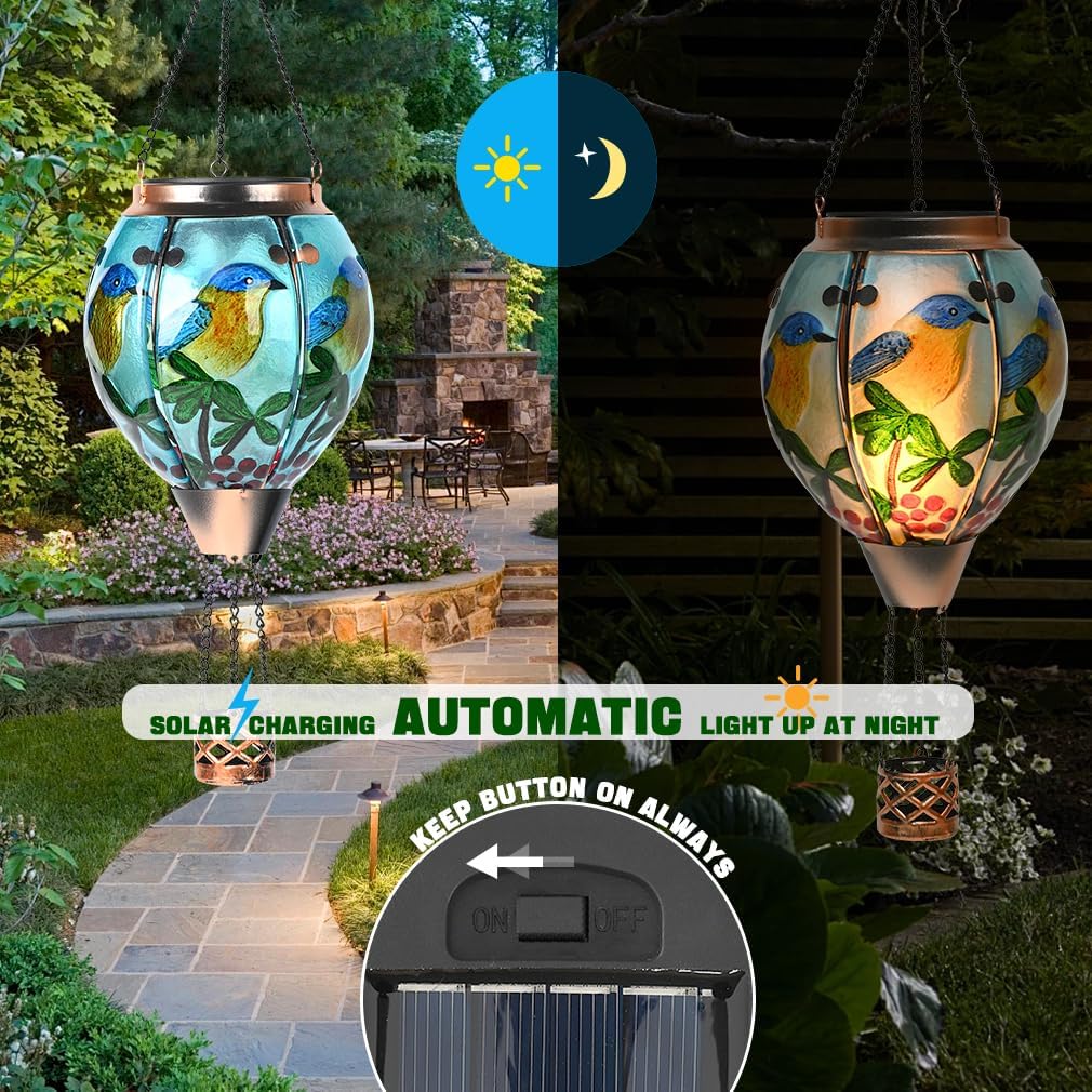 Hot Air Balloon Solar Lantern - Bluebird Glass Lantern, Simulated Flickering & Dancing Flame, Outdoor Hanging Yard Light Waterproof IP65 for Patio Lawn Porch Decor Gift