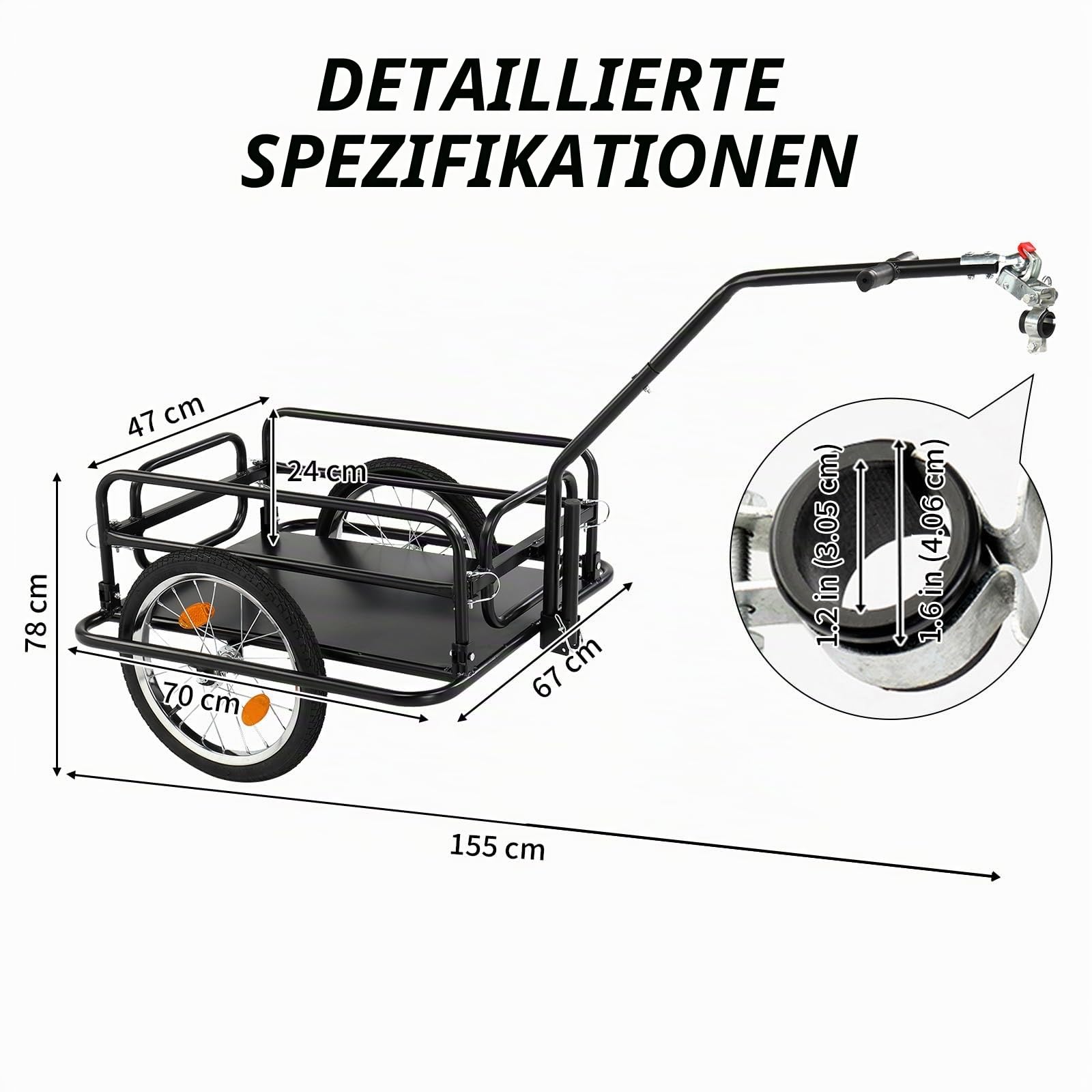 LEADZM Klappbar Fahrradanhänger, Lastenanhänger mit Universeller Kupplung, Transportanhänger mit 16-Zoll-Luftreifen, Sicheren Reflektoren, 60 kg, 155 x 67 x 78cm