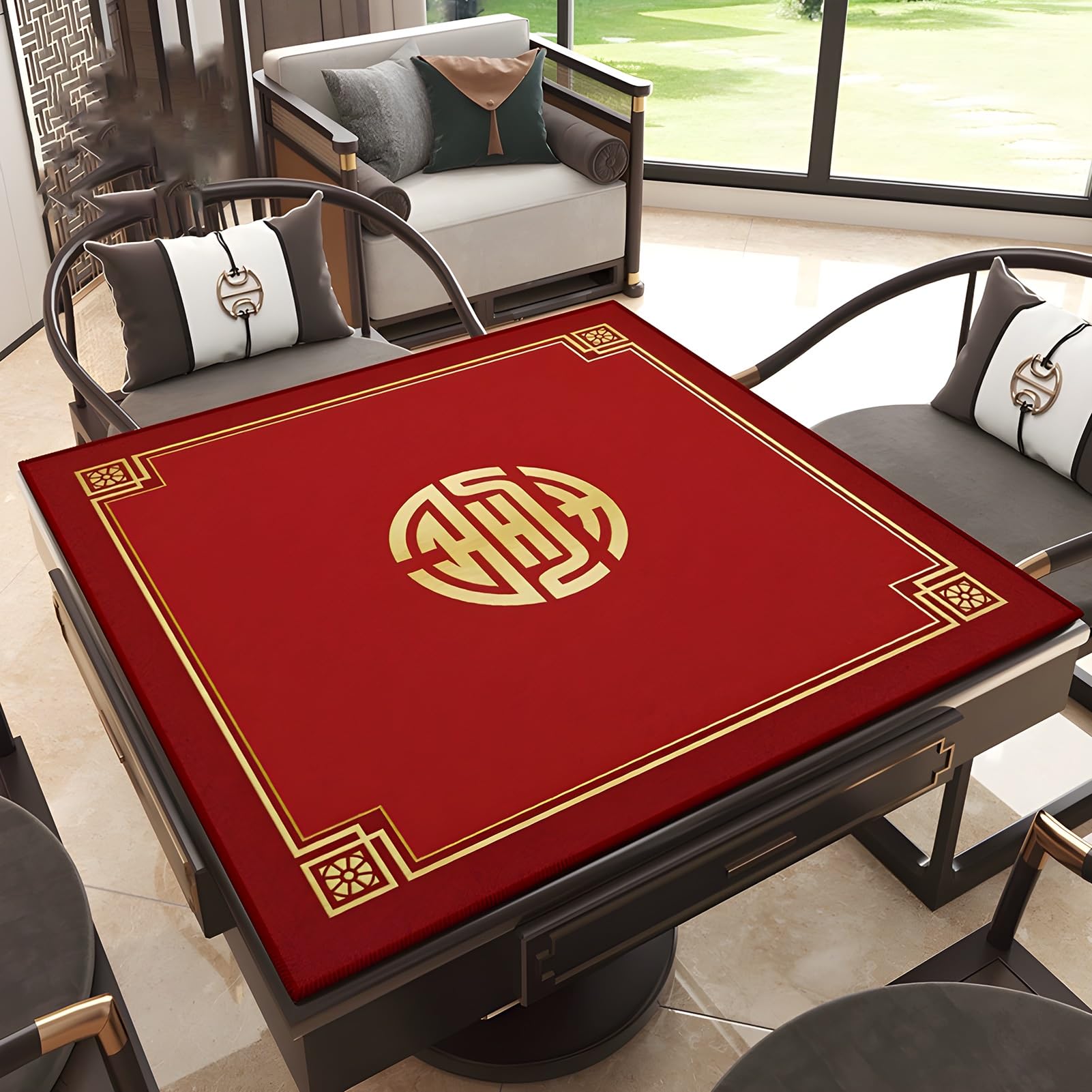 Kwadratowa mata mahjong z gumowym spodem, miękki i antypoślizgowy obrus, mata stołowa do mahjong, paigow, pokera, gier karcianych i planszowych (czerwona, 140 cm)