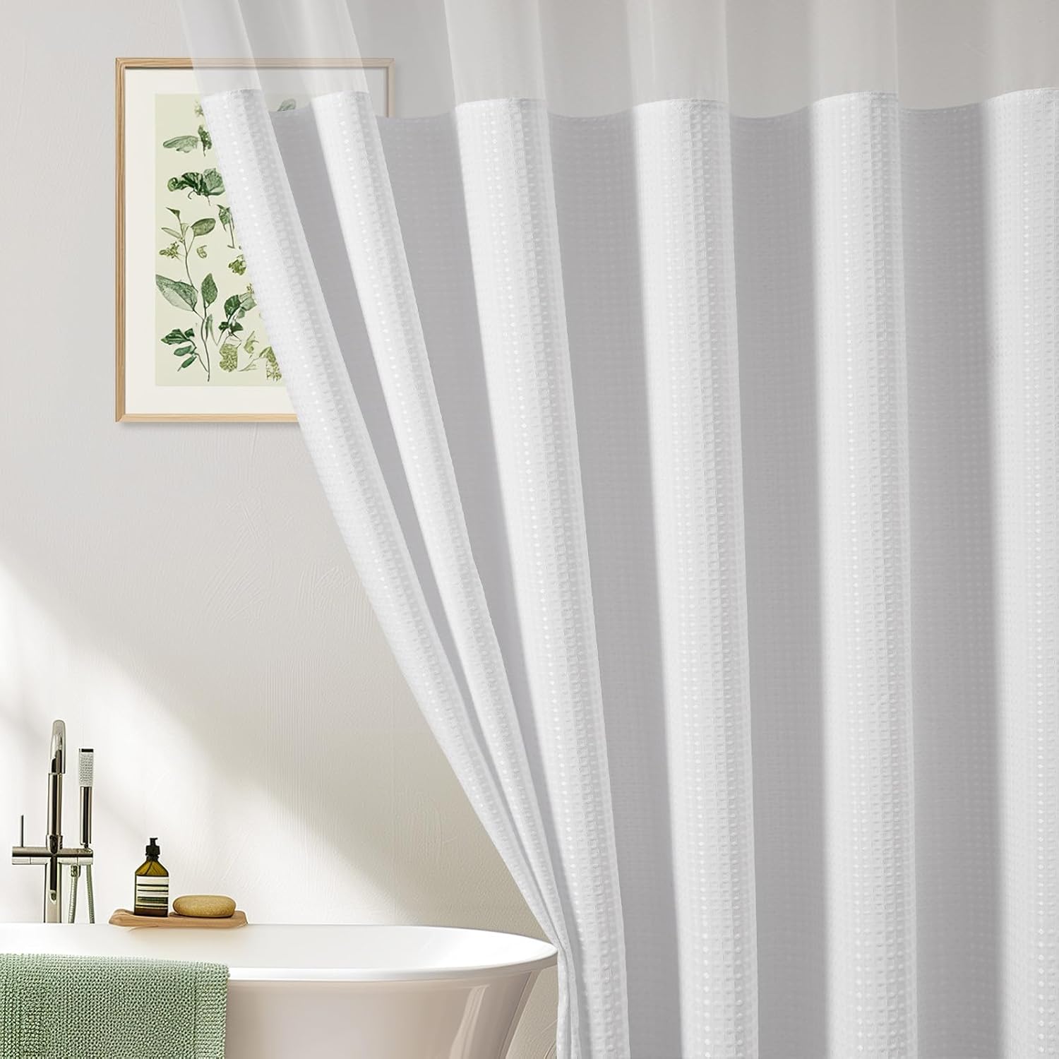 UFRIDAY Long Shower Curtain 72x78 inch, White Waffle Weave Bath Curtain with Mesh Top Window,78 inch Long Fabric Cloth Shower Liner Machine Washable Shower Curtain for Bathroom