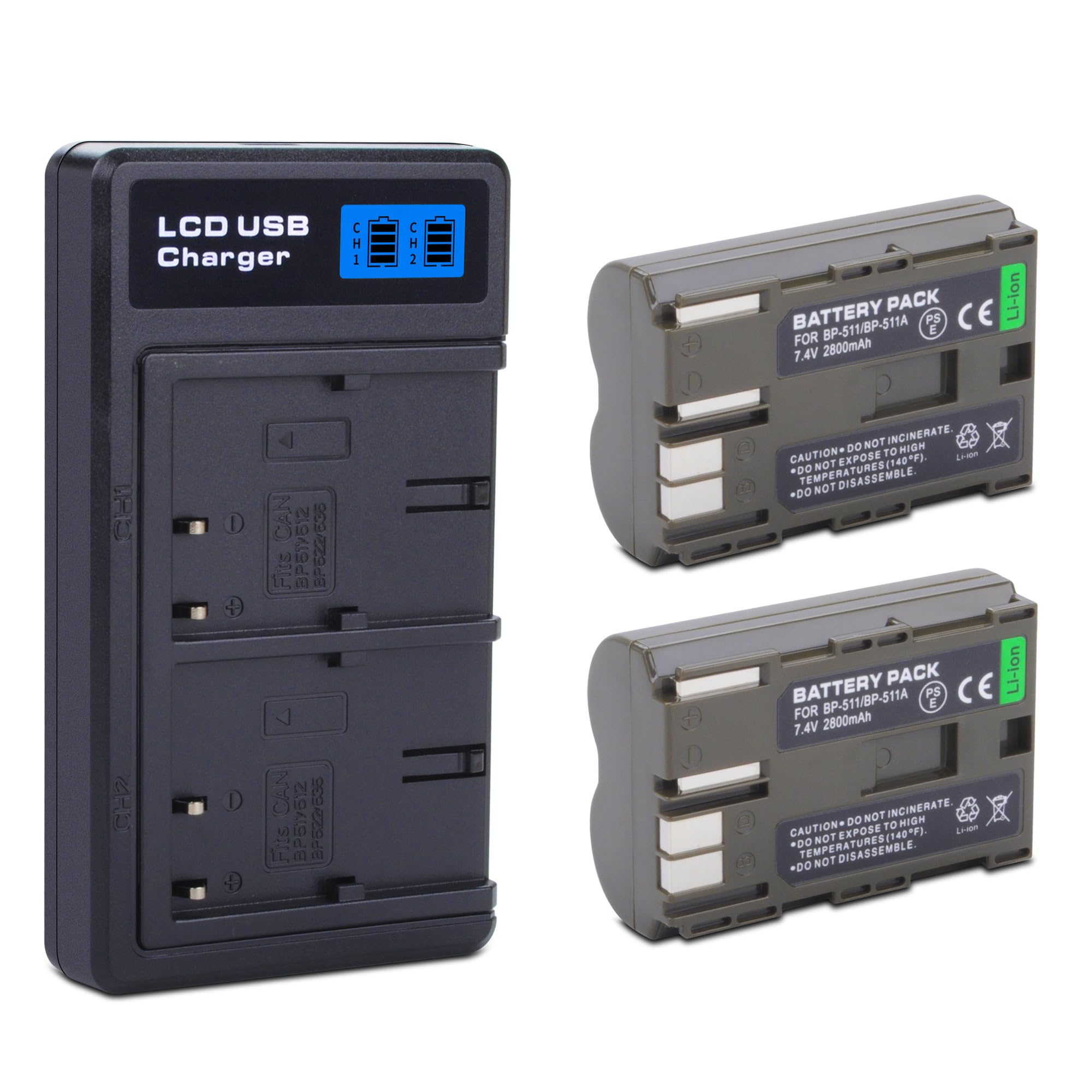 Set de 2 acumulatori BP-511 BP-511A 1800 mAh cu incarcator dual pentru Canon EOS