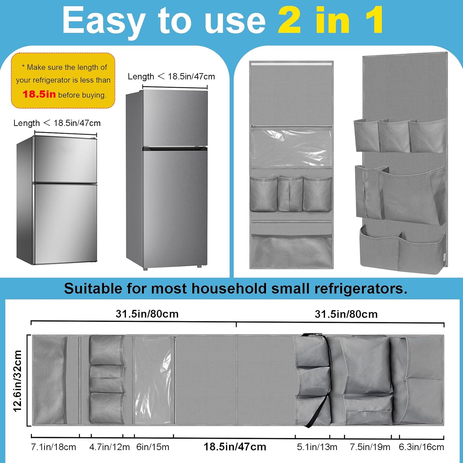 homyfort Mini Fridge Organizer, Over The Fridge Storage Organizer with 14 Pockets, College Dorm Fridge Storage for Office, Kitchen, Home, School, Gray