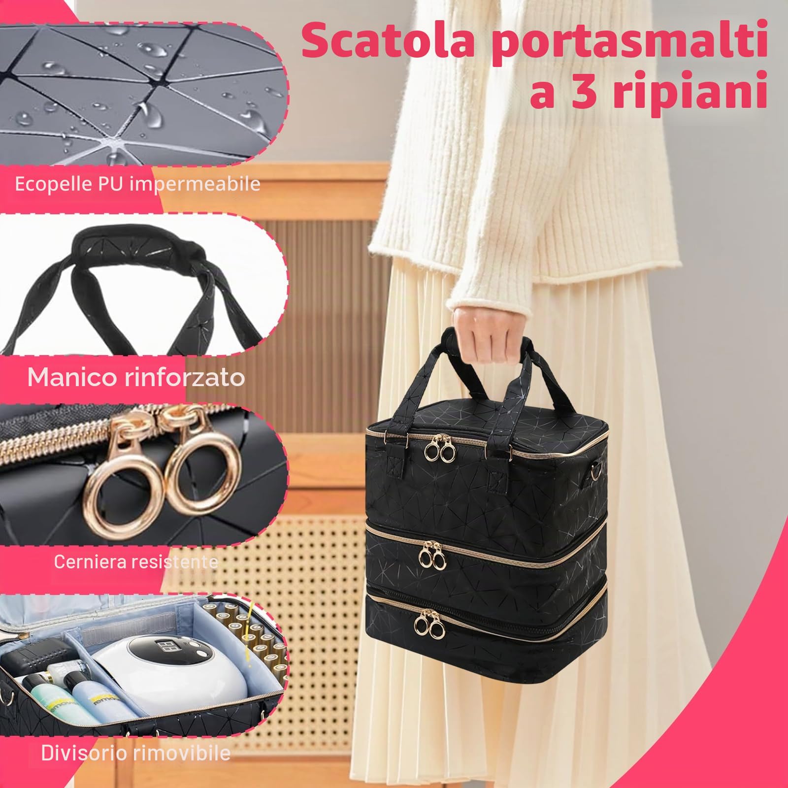Porta Smalti Organizer Grande Capacità per 84 Bottiglie,Impermeabile | Valigia Unghie Professionale,Beauty Case Viaggio Staccabile e per Nail Art