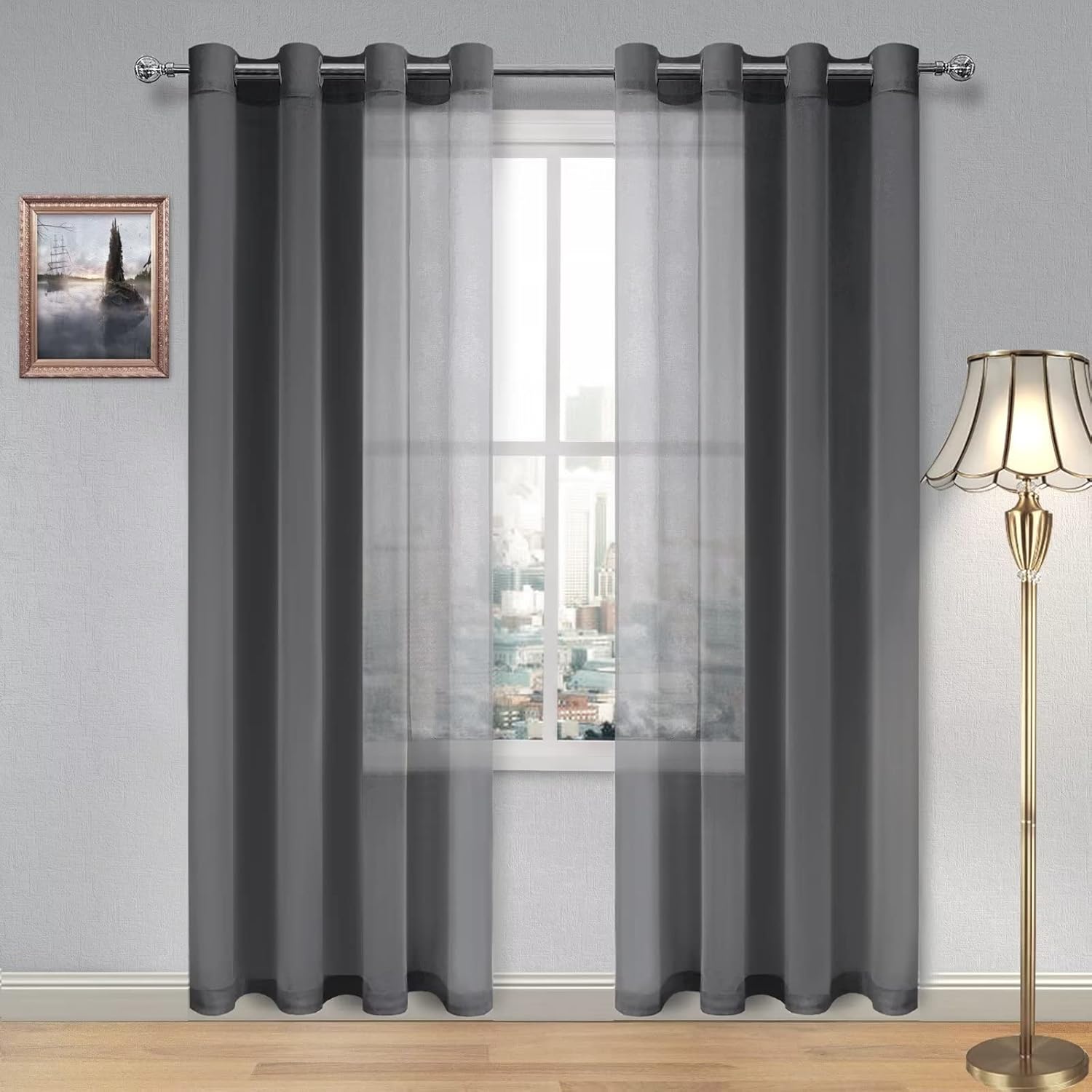 DWCN Dark Grey Sheer Curtains Textured Semi Transparent Eyelet Top Decorative Voile Curtain for Living Bedroom 52" Wide x 90" Drop