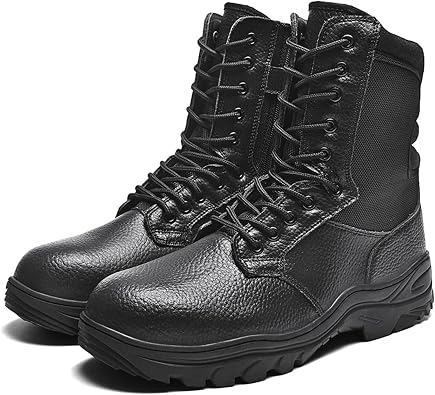 Mens Leather High Top Lace Up Steel Toe Military Tactical Boots with Side Zipper Non Slip Desert Combat Boots for Work Commando Mountaineering Trekking Army Jungle
