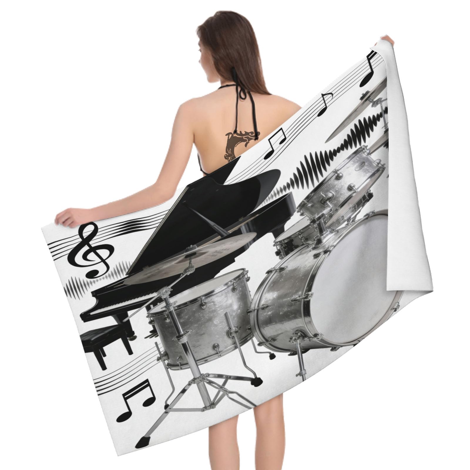 Leichong 3D Drum Kit Beach Towel Large Microfiber Soft Quick Dry for Adults, Musical Note Bath Towel Lightweight Soft Absorbent for Travel Swimming Pool Sports, 180 x 90 cm