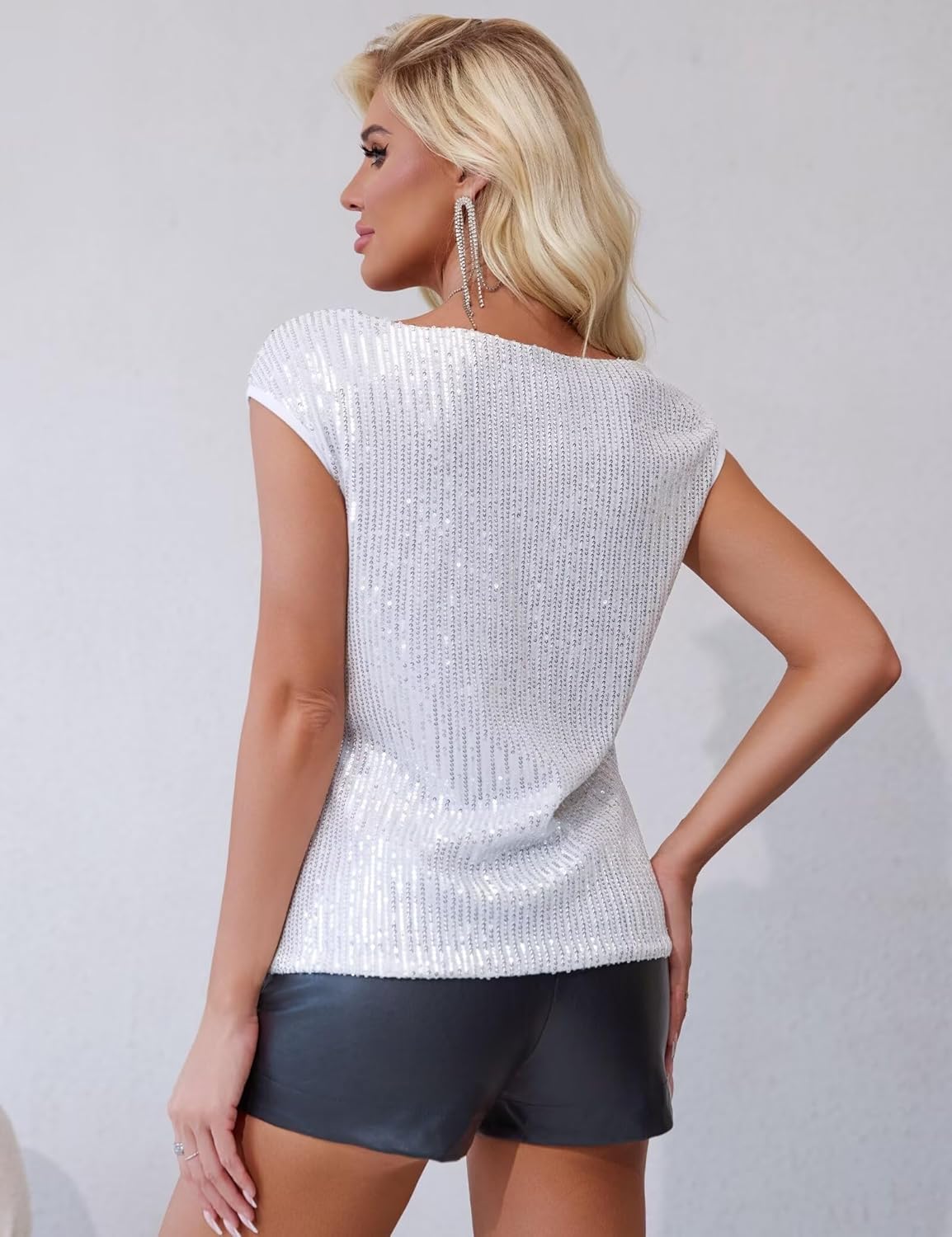 FOLUNSI Womens Sparkly Sequin Tops Cowl Neck Cap Sleeve Glitter Evening Cocktail Blouse Party Shirt - Image 5