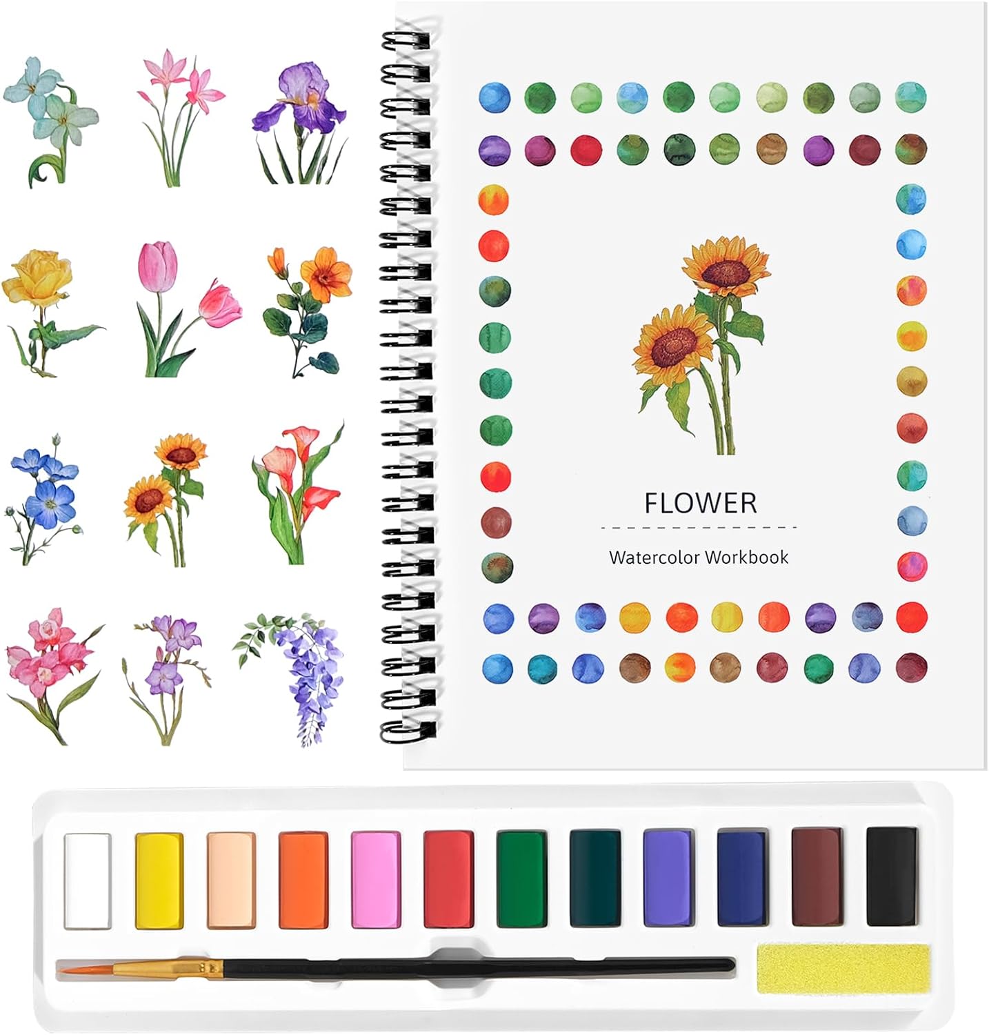 Watercolor Workbook for Beginners, Water Color Paint Book Set with Paints & Brush, 12 Beautiful Flower Patterns of Original DIY Designs, Relaxing & Creative & Joy Adult Coloring Books