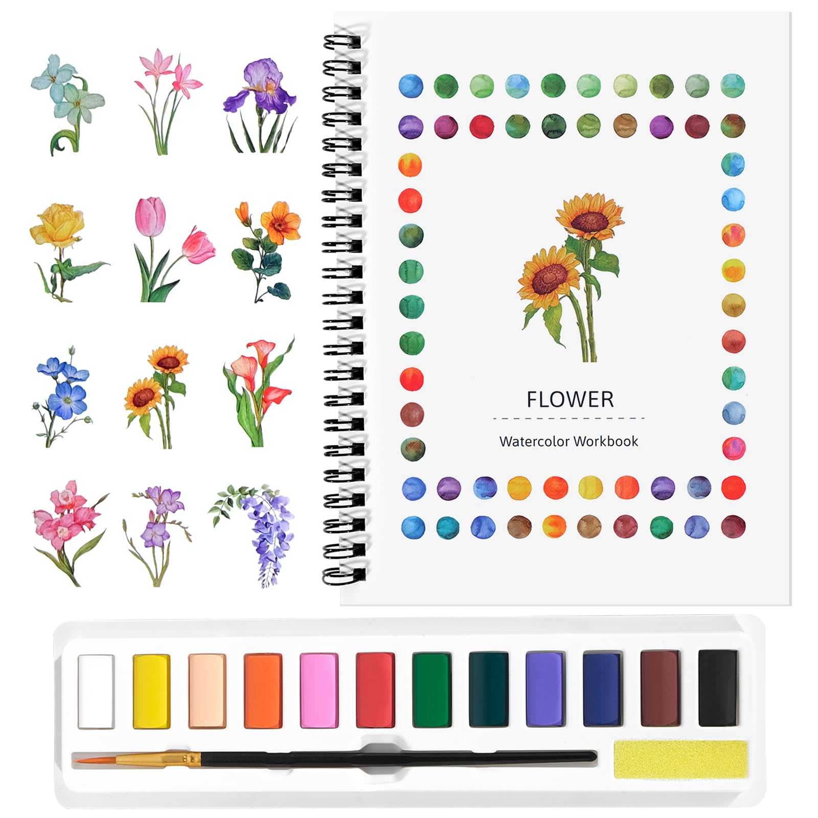 GlisDyck Watercolor Workbook for Beginners, Water Color Paint Book Set with Paints & Brush, 12 Beautiful Flower Patterns of Original DIY Designs, Relaxing & Creative & Joy Adult Coloring Books