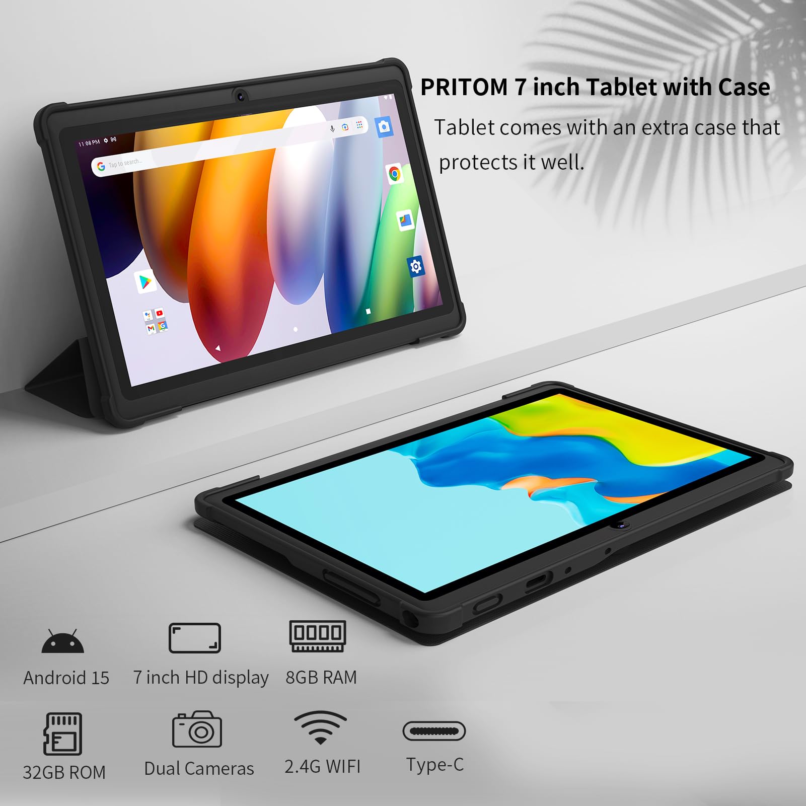 PRITOM Tablette Android 7" 15,8 Go de RAM, 32 Go, (Extensible 512 Go), 3500 mAh, Tablette PC, Bluetooth, Double caméra, WiFi, Portable avec étui Noir