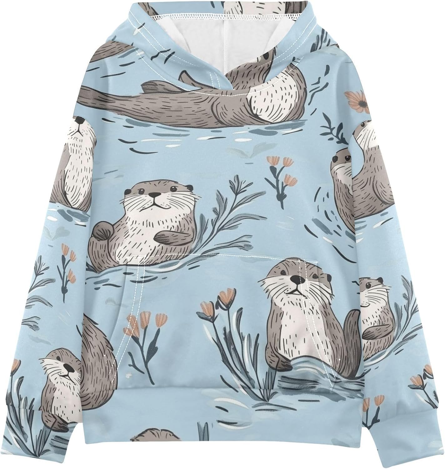 ZZXXB Lovely Otter Floral Kids Sweatshirts Boys Girls Hooded Kangaroo Pocket Pullover Tops XS-XXL