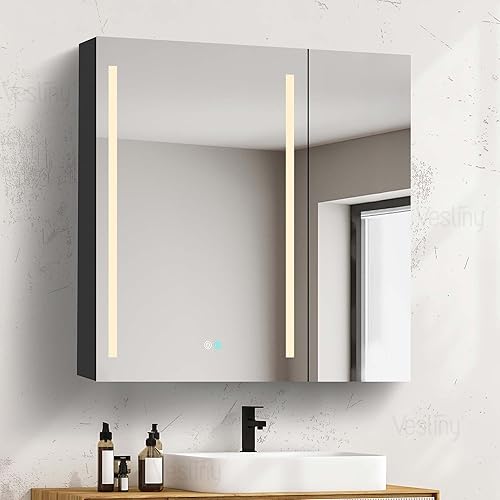 Miniatura 10 de Espejo iluminado de 40 x 30 pulgadas, antiempañamiento, 3 luces de color, espejo LED negro para baño, brillo regulable, montaje en superficie de