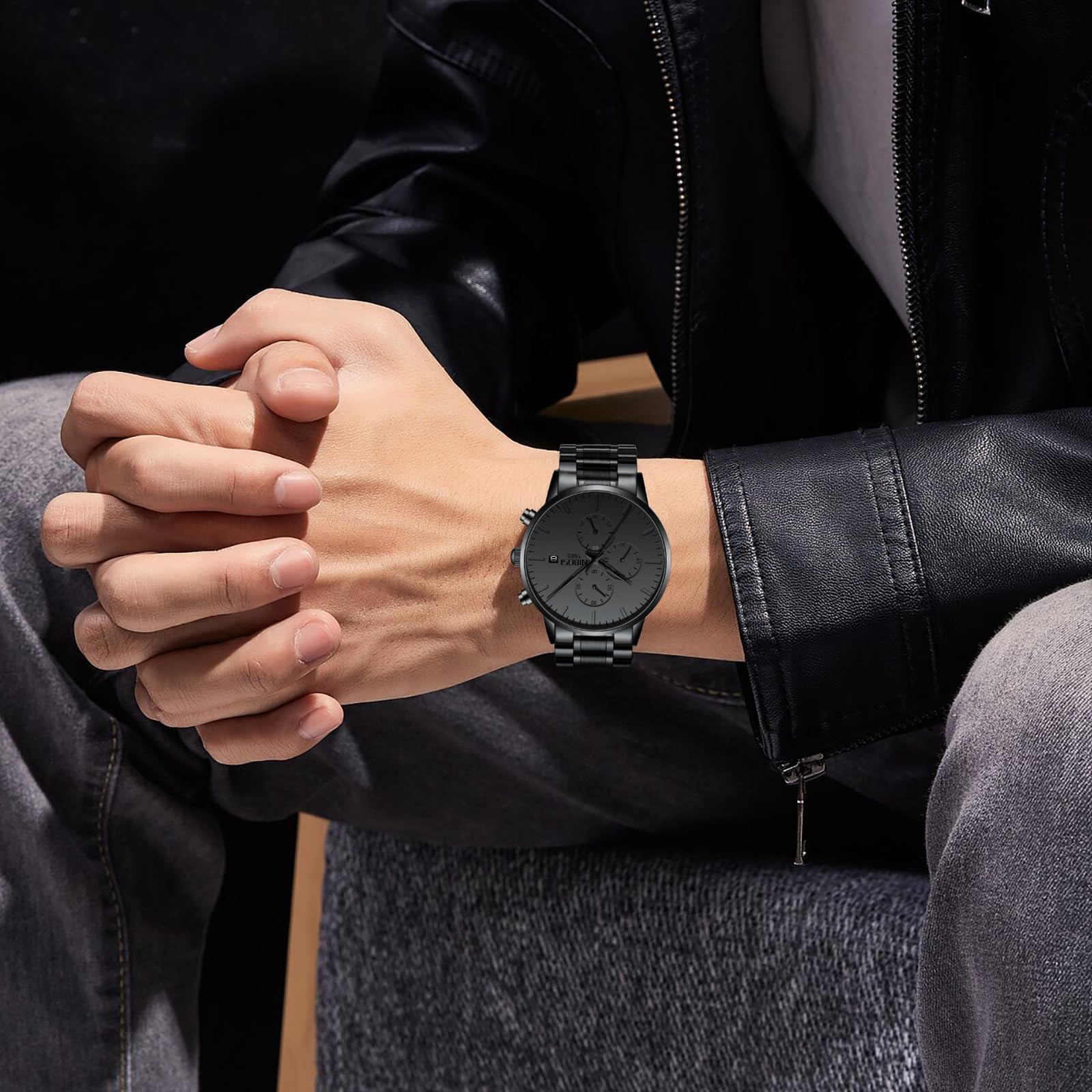 NIBOSI Orologio analogico da uomo, cronografo, minimalista, nero, con data | Cinturino impermeabile in acciaio inox, orologio al quarzo, stile militare, casual