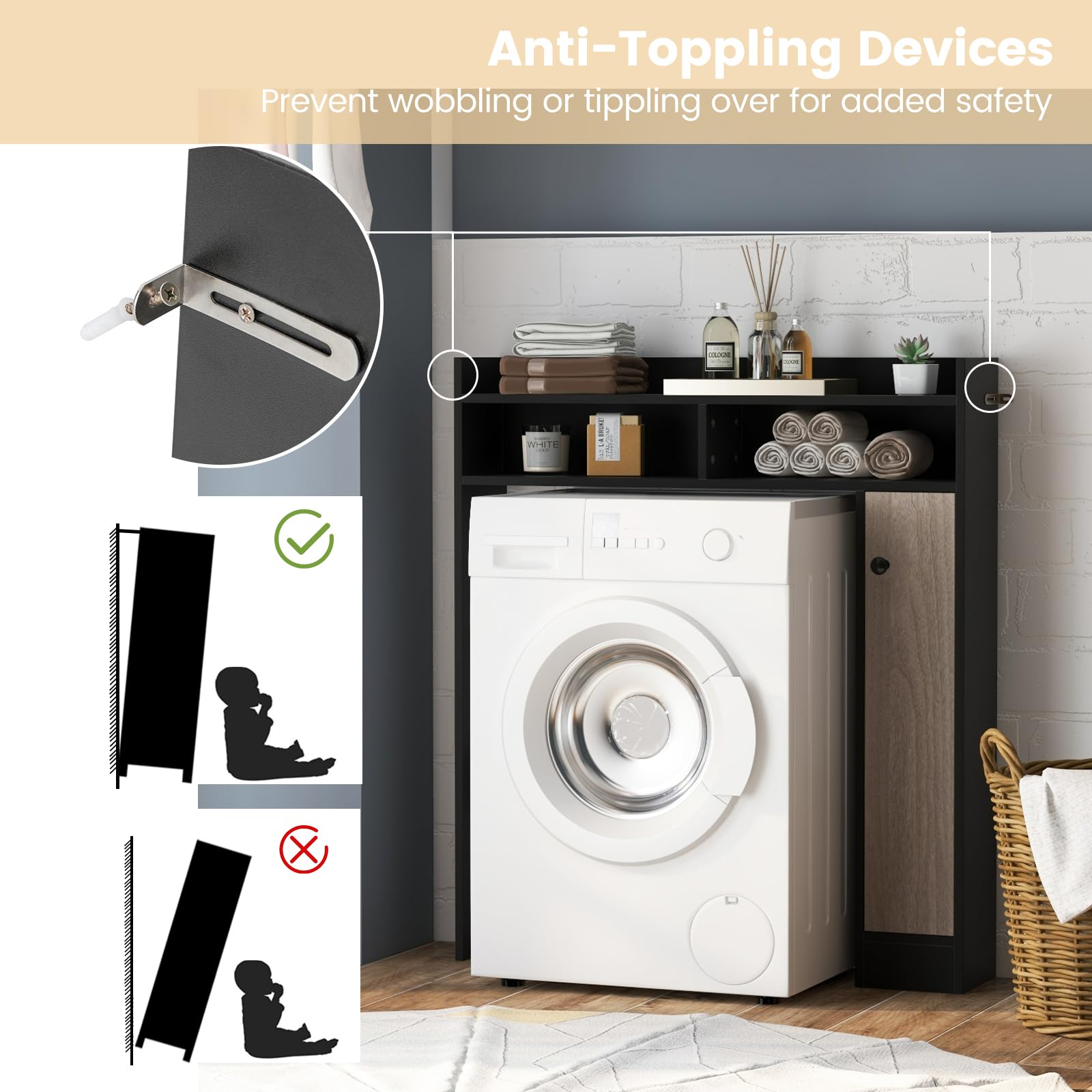 LIFEZEAL Estantería sobre Inodoro para Baño, Mueble de Almacenamiento con una Puerta Encima Inodoro, Armario con Estantes y Barra Ajustables, Organizador de Baño, Ahorro de Espacio (Negro)