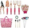 Gardening Gifts for Women, 16 PCS Garden Tools Set, Floral Garden Hand Tool Kit with Gloves, Large Handle Storage Tote, Gifts for Mother, Lady, Christmas, Birthday