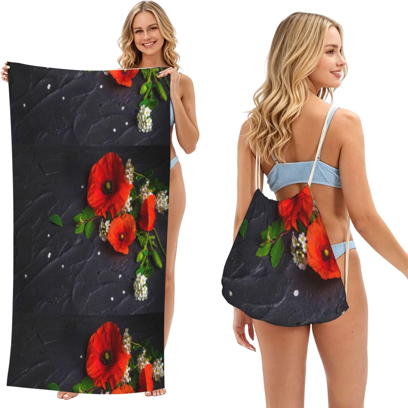 Poadnly As Picture Bouquet Of Red Poppies, 2 In 1 Packable Towel Bag, Beach Towels With Drawstring Backpack For Travel Holiday Camping
