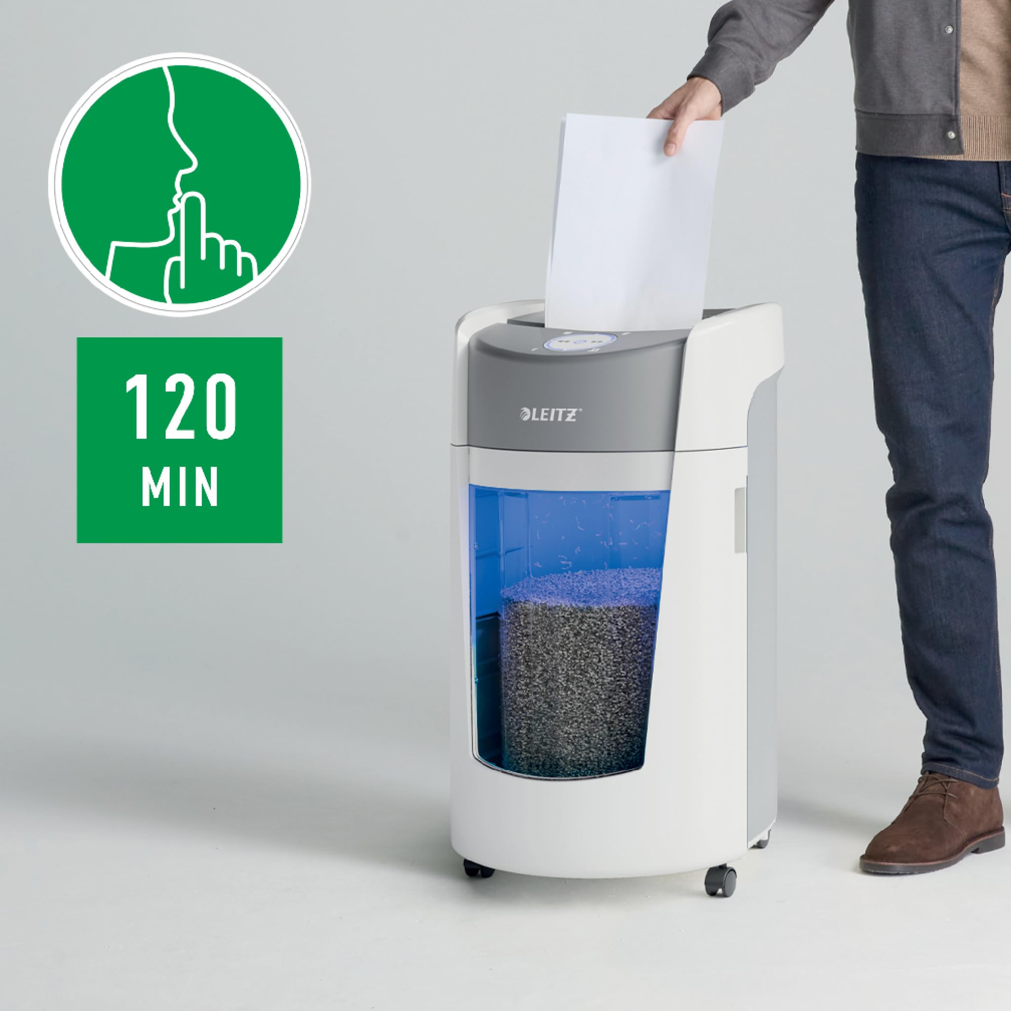 Leitz IQ OptiMax Office P5 Distruggidocumenti Professionale a Taglio Micro, Distrugge 12-10 Fogli, Tecnologia di Rotazione del Cestino e capacità extra del 33%, Silenzioso, Cestino da 35 L, 83600000
