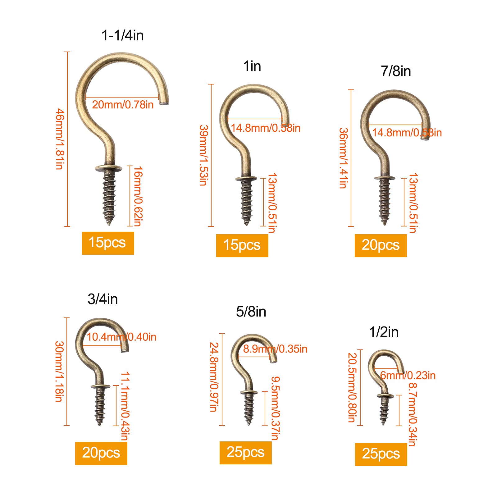 Image secondaire de Lot de 120 Crochets de Plafond en Bronze Vintage - 6 Tailles pour Suspendre Plantes et Bijoux