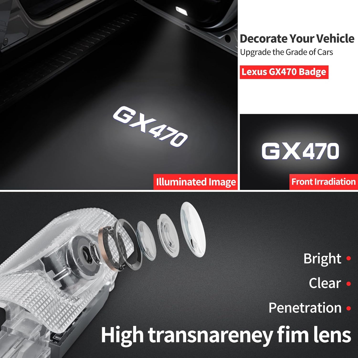 4 Pieces Door Light Logo Projector for 2003-2009 Lexus GX470 Car Modification Fittings Colorfast High Definition LED Car Welcome Projection Lamp (GX470 4 Pieces)