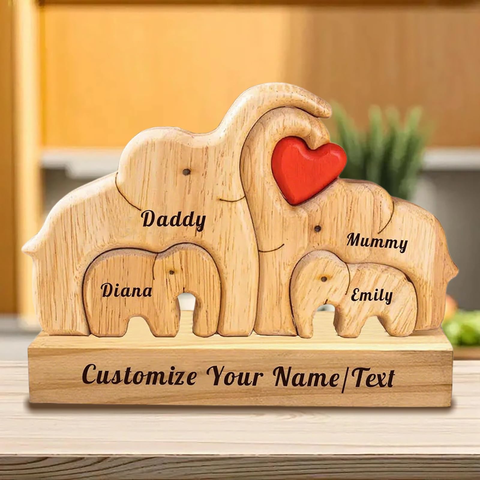Personalized Wooden Bear Puzzle Custom Name with 2-7 Family Name Art Animal Jigsaw Sculpture Personalised Gifts for Mom Dad Grandma Mother’s Day Birthday Christmas Anniversary (Elephant)