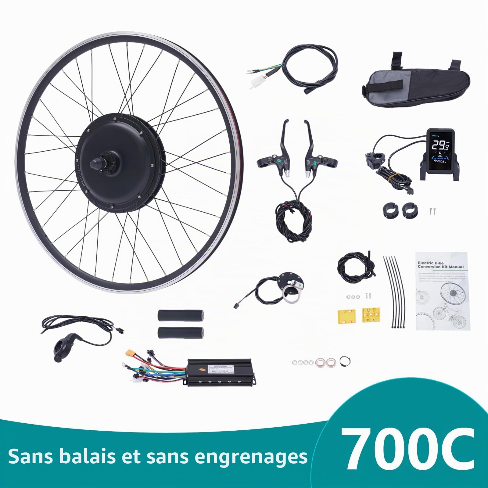 Kit de conversion de vélo électrique 28/29", roue arrière/avant 48 V 1000 W, kit de conversion de vélo électrique, kit de moteur de vélo sans balais avec écran LCD, contrôleur intégré, PAS