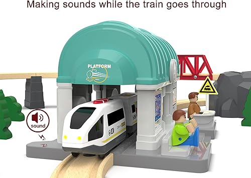 Miniatura 6 de Estación de tren para pistas de madera, accesorios de tren túnel con sonidosluces para niños, juguetes de trenes para automóviles motorizados para