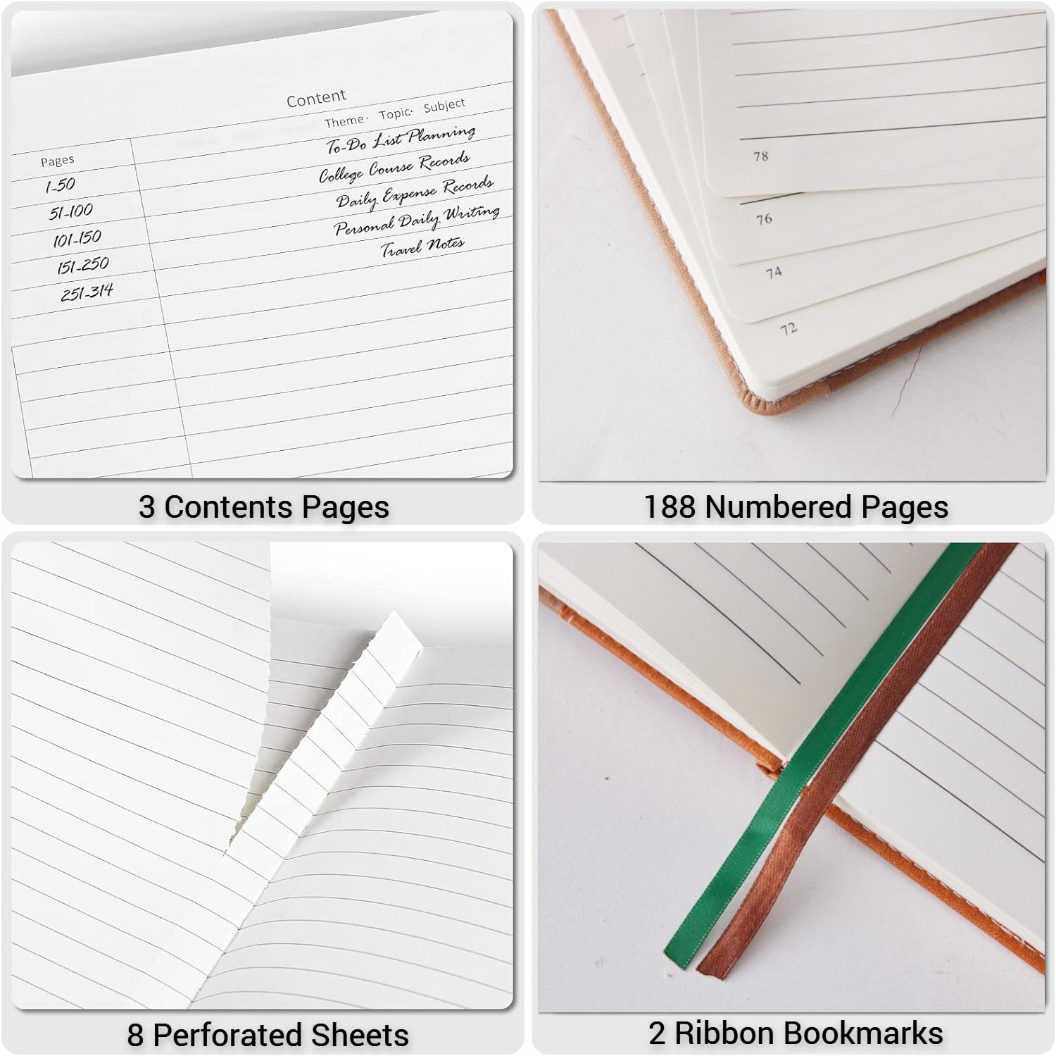 RILIHO Taccuino a righe, grande, formato B5, a righe, 188 pagine numerate, con tasca, carta spessa 100 g/m², copertina rigida in pelle vegana, per donne, uomini, scuola, ufficio, verde