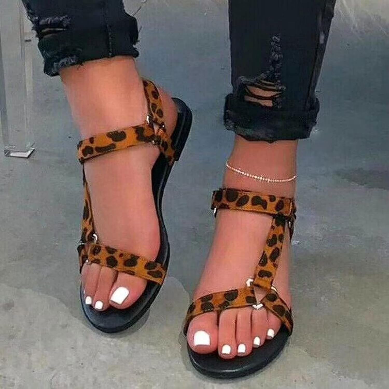 Womens Trekking Sandals, Summer Ladies Flat Bottom Comfortable Sandals, Outdoor Walking Shoes (Color : Leopard Print, Size : 9)