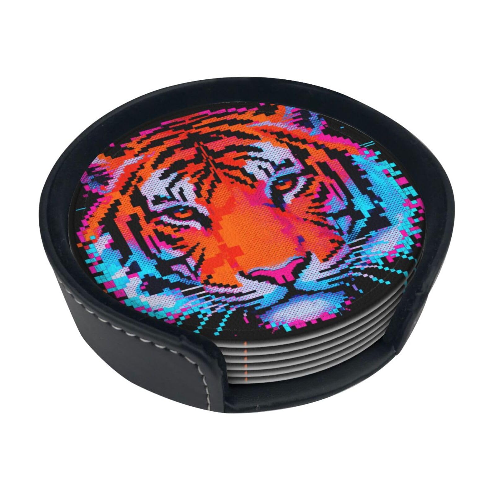 Tiger head Leather Coasters-Set of 6 with Storage Holder