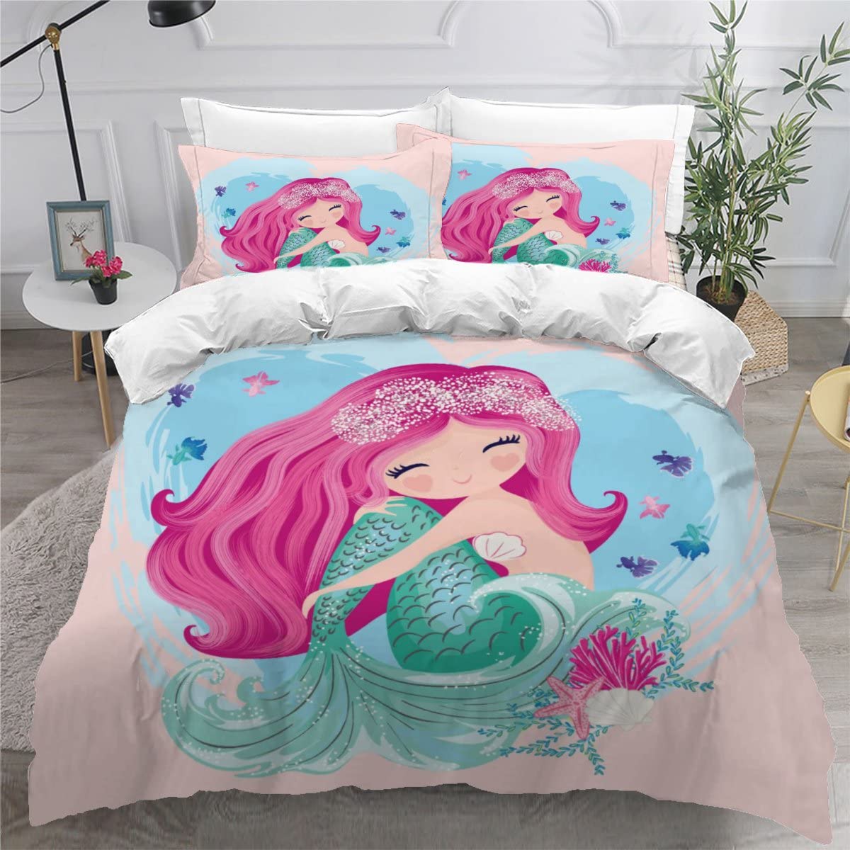 Parure de lit sirène 140x200 cm avec 2 taies d'oreiller pour lit une personne
