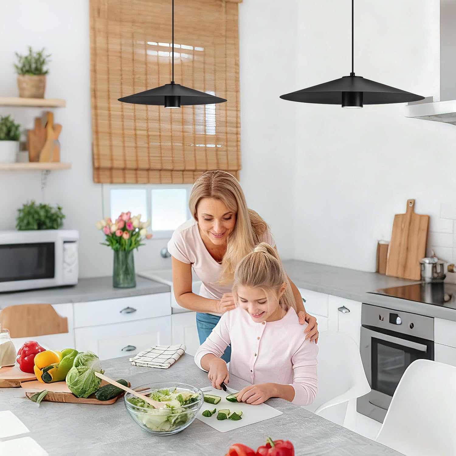 Black Pendant Light, 15.57'' 2 Pack Farmhouse Pendant Light, Kitchen Pendant Lights, Large Modern Pendant Lights, Pendant Lights Kitchen Island for Kitchen, Bedroom GU10 4000K(Inc. Bulb)